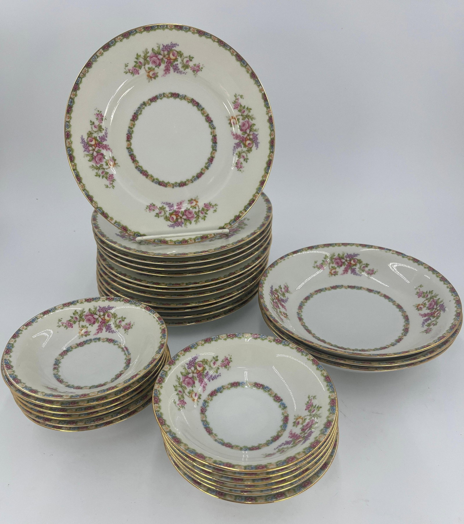Moritz Zdekauer Rose or Floral Pattern Servingware , INV. 1124: Includes 12 plates, 3 large bowls, 12 small bowls. Approx. dia. of plate 8". With marking.
