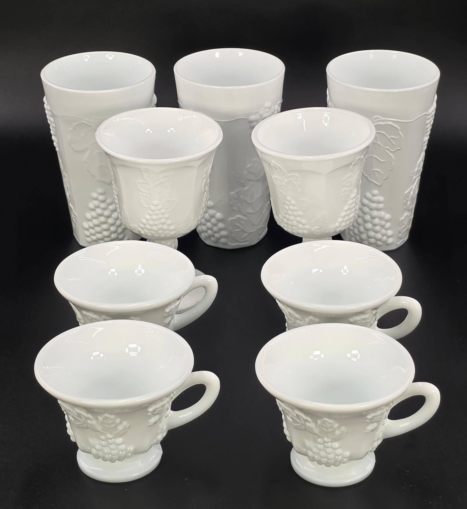 Colony Harvest Milk Glass, 9 Pieces, INV. 1055: Including water goblets, coolers and tea cups. 5 3/4" height cooler.