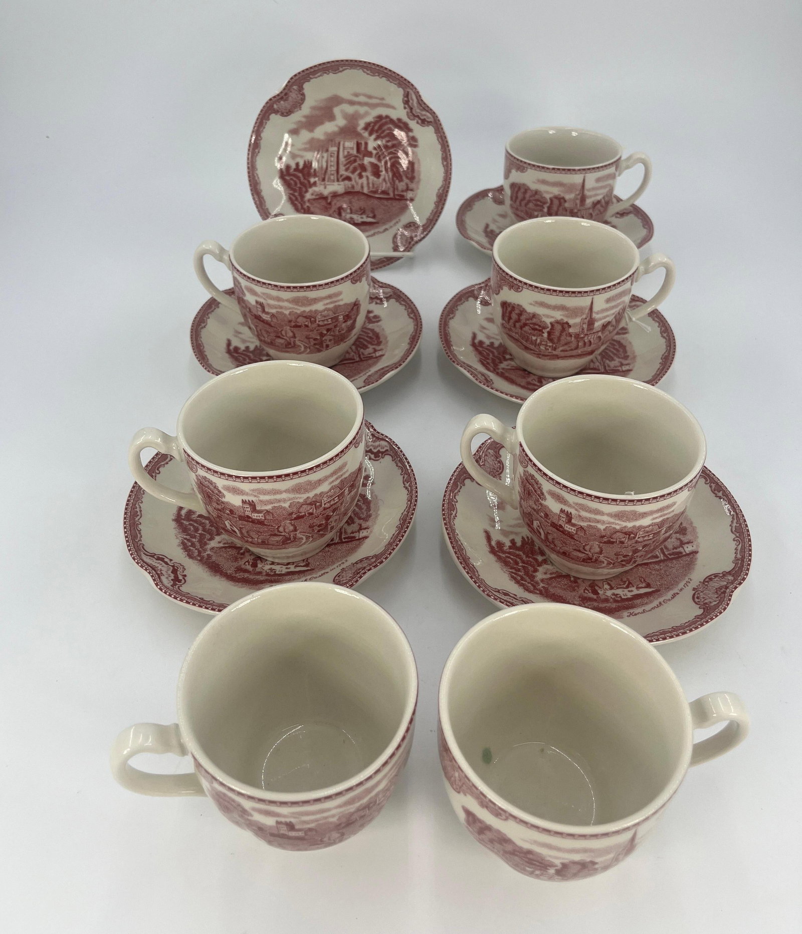 Johnson Brothers Old Britain Castles Pink Cups and Saucers, INV. 1118: Approx. plate dia. 5 5/8". With marking.