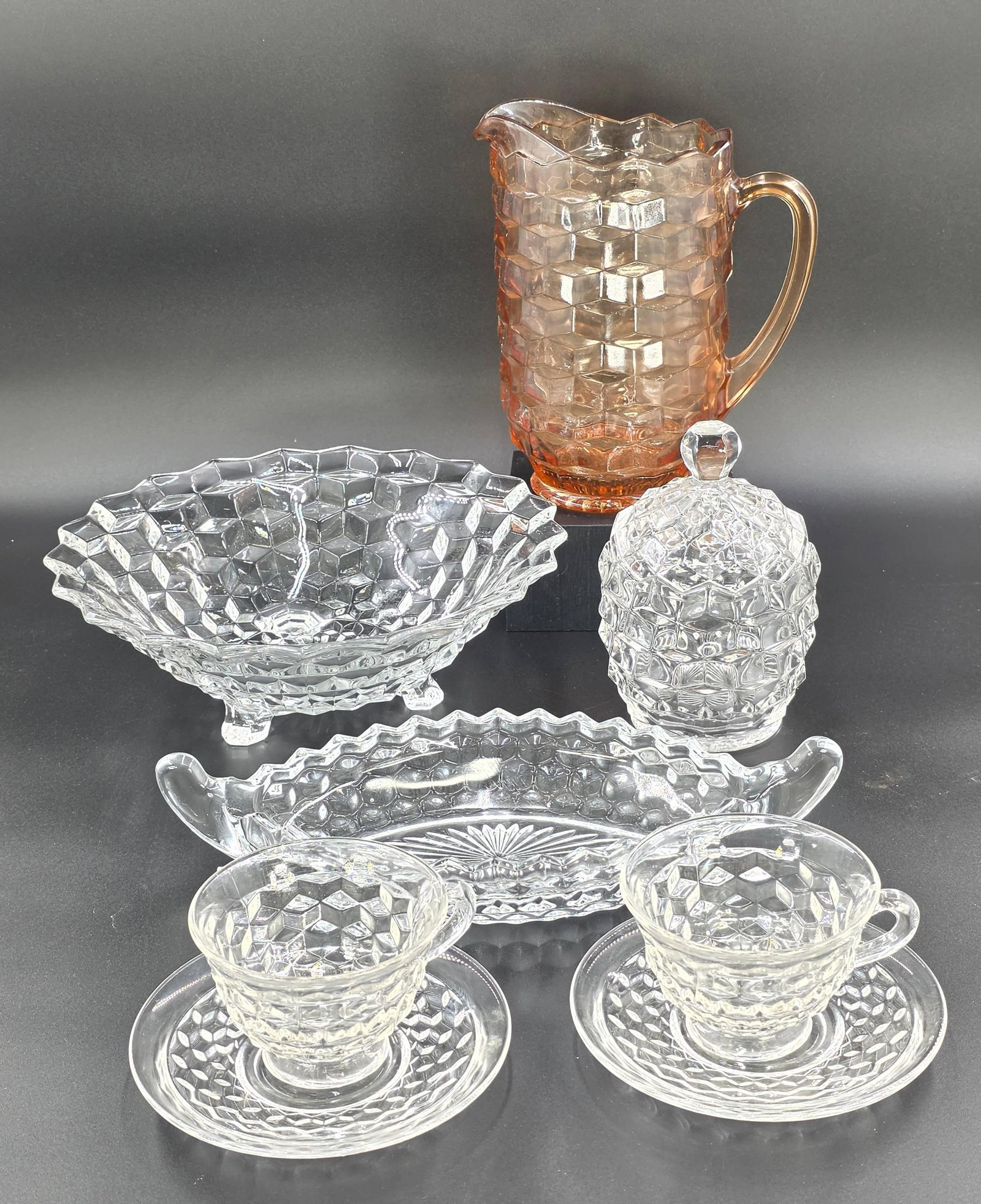 Indiana Glass Whitehall Cubist Style Assortment, 9 pieces, INV. 1234: Approx. height of pitcher 8 1/4".