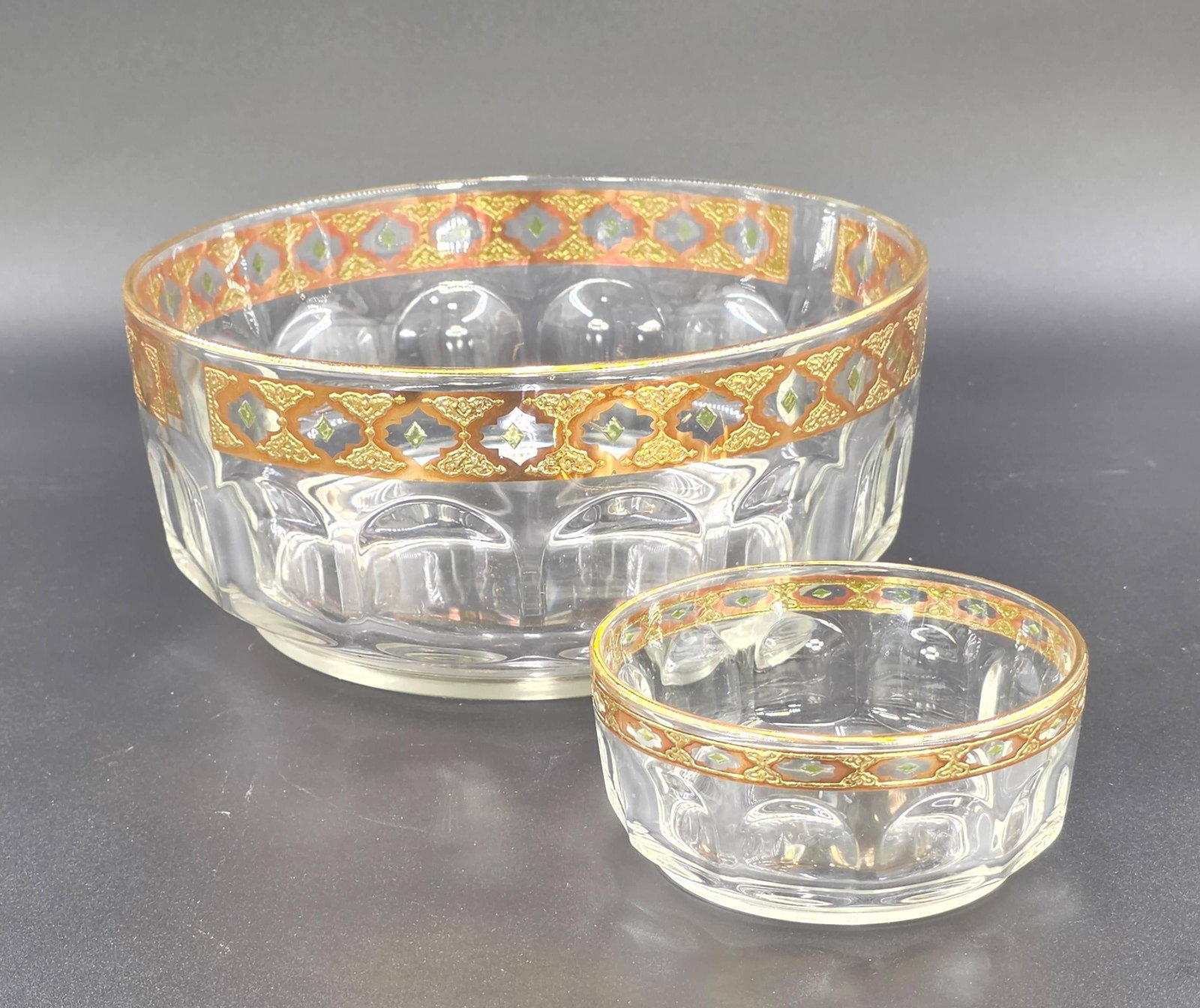 2 Arcoroc France Bowls with Valencia Pattern with Gold Rim, INV. 1232: Approx. dia. of largest bowl 8 5/8".