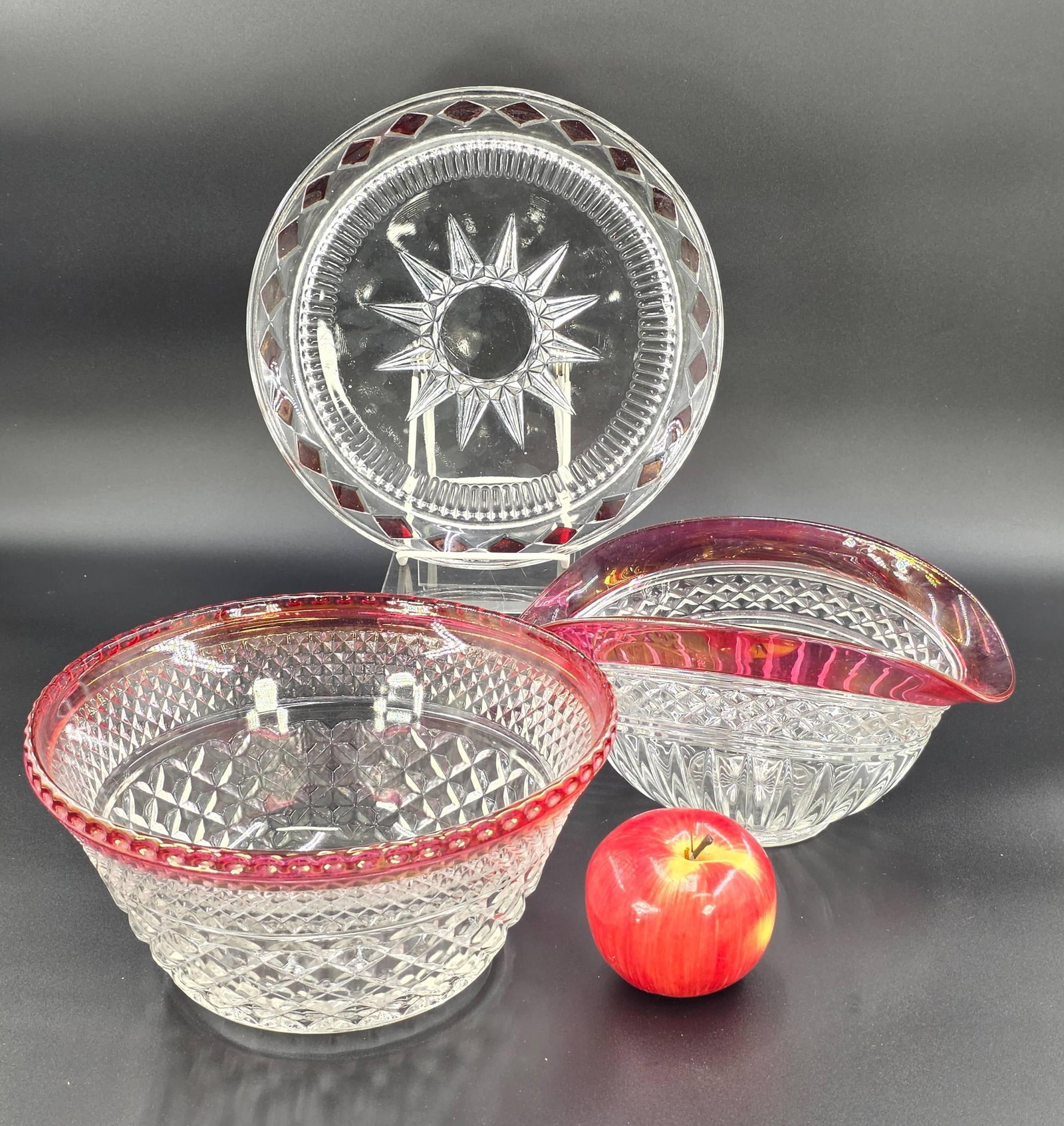 Indian Glass Diamond Point Ruby Red Bowl, Plate, and Candy Dish, INV. 1226: Approx. dia. of plate 10".