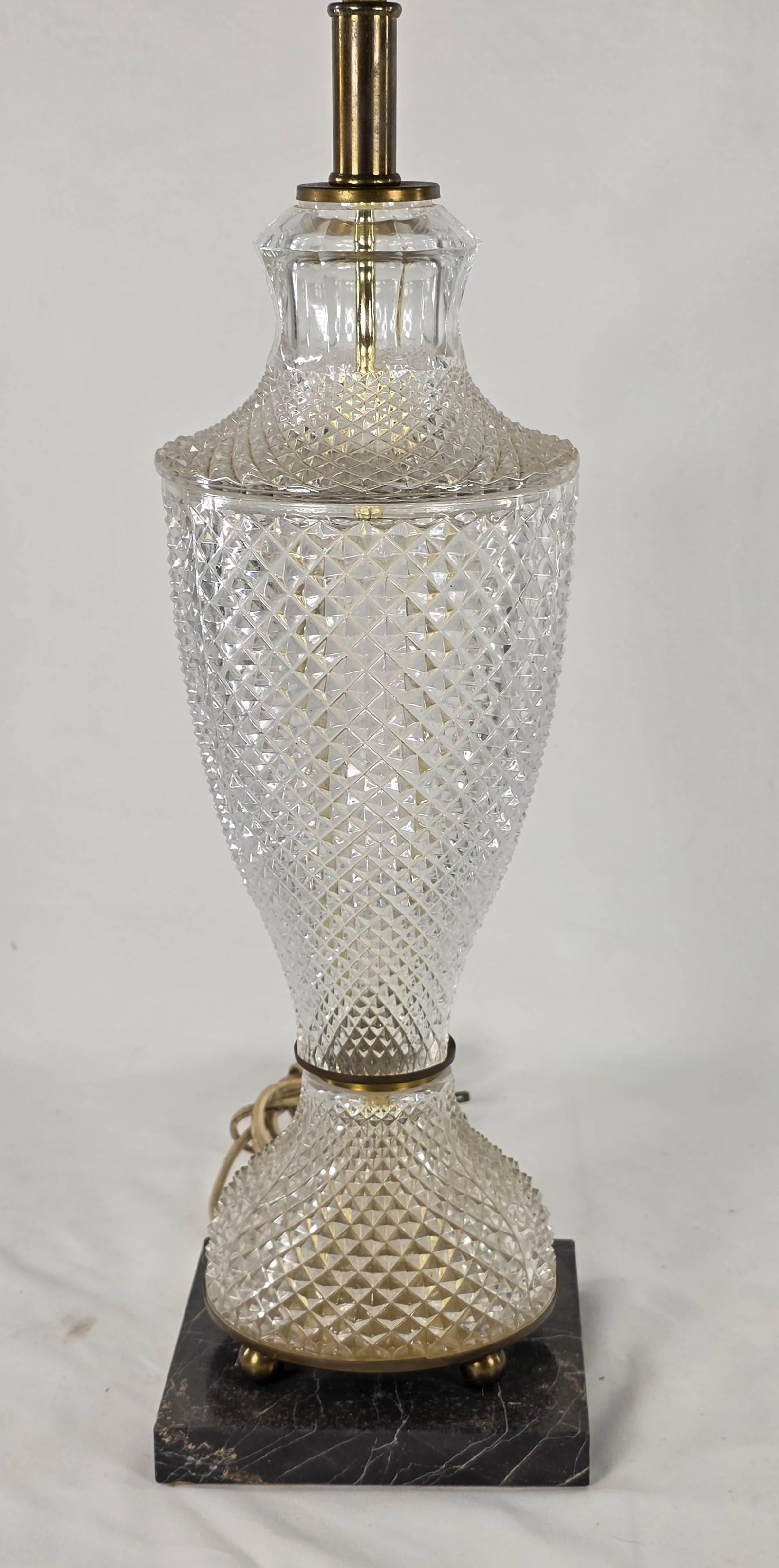 Lead Crystal Lamp with Diamond Point Cut on Marble Base, INV. 1168: Possibly 24% lead crystal. Approx. height to top of crystal 15 1/2"