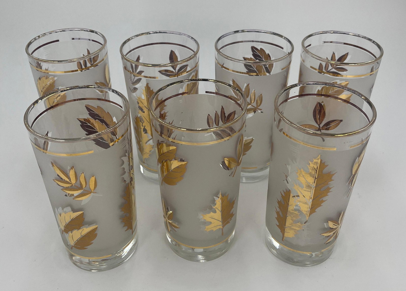 7 Libbey Glass Company Golden Foliage Flat Tumblers with Gold Rim, INV. 1117: Approx. height 5 1/2".