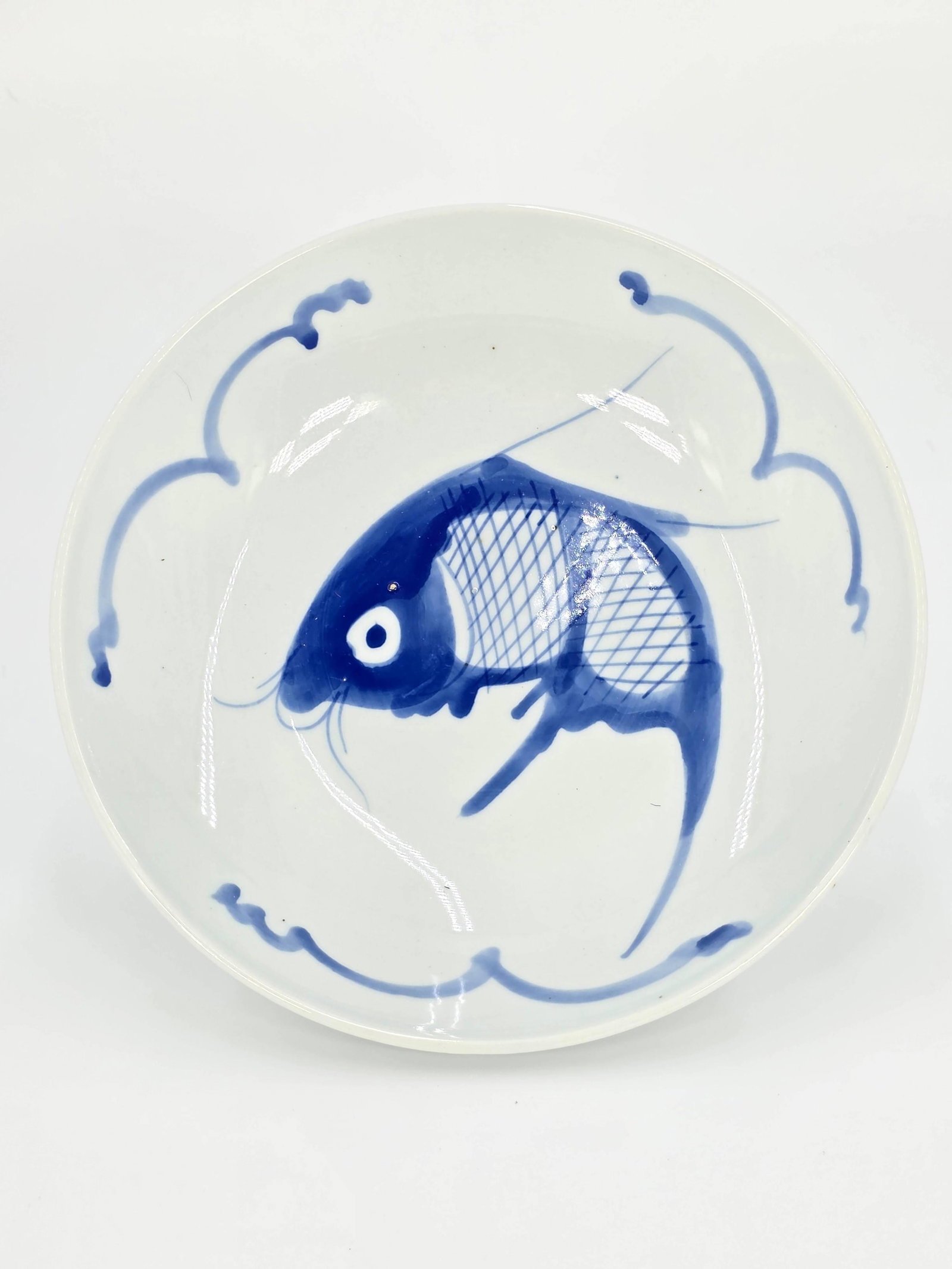 Vintage Raoping Hand painted Blue and White Koi Fish Bowl, INV. 731: With marking. 2 x 9 x 9 inches