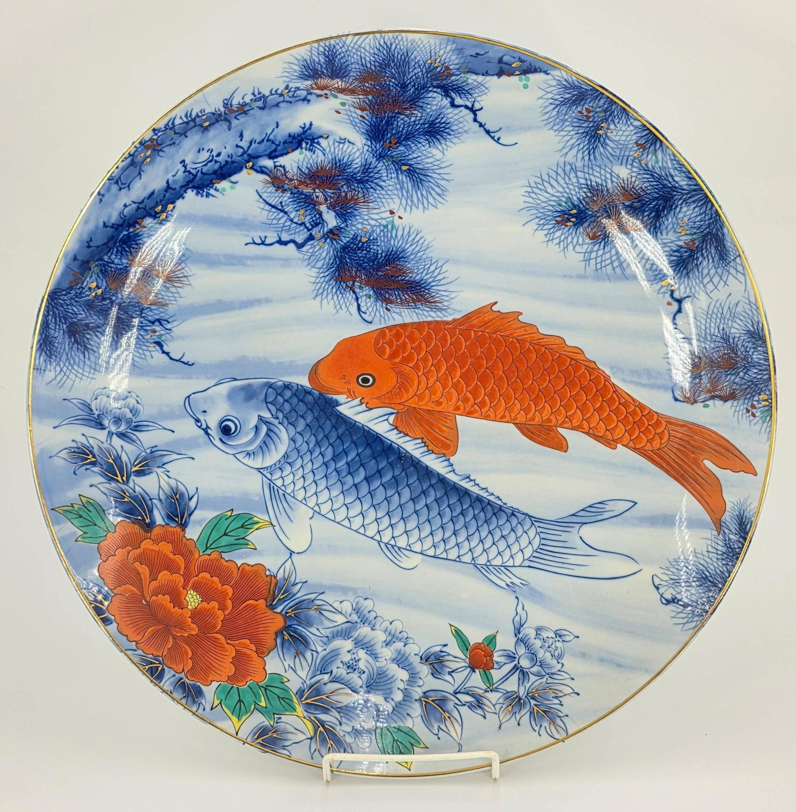 Vintage Japanese Hand Painted Koi Fish Porcelain Charger, INV. 189: With marking. diameter 15.75 inches