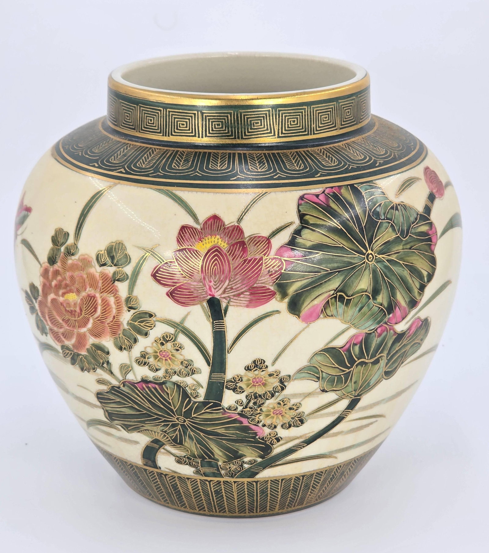 Vintage Japanese Satsuma Porcelain Vase, Floral Motif, INV. 209: Floral motifs and intricate detailing. Approx. 9.375 x 9.5 x 9.5 inches