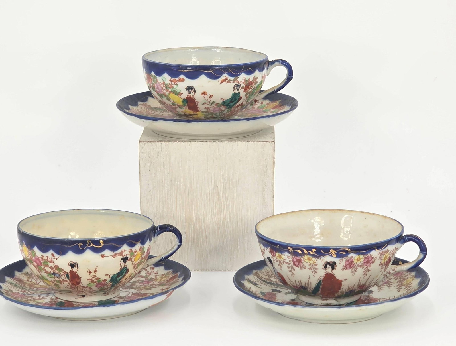 3 Vintage Japanese Geisha Girl Porcelain Teacup and Saucer Sets, INV. 210: Geisha girl scenic pattern. With marking. Each teacup?approx. 2.5x 5.5 inches.