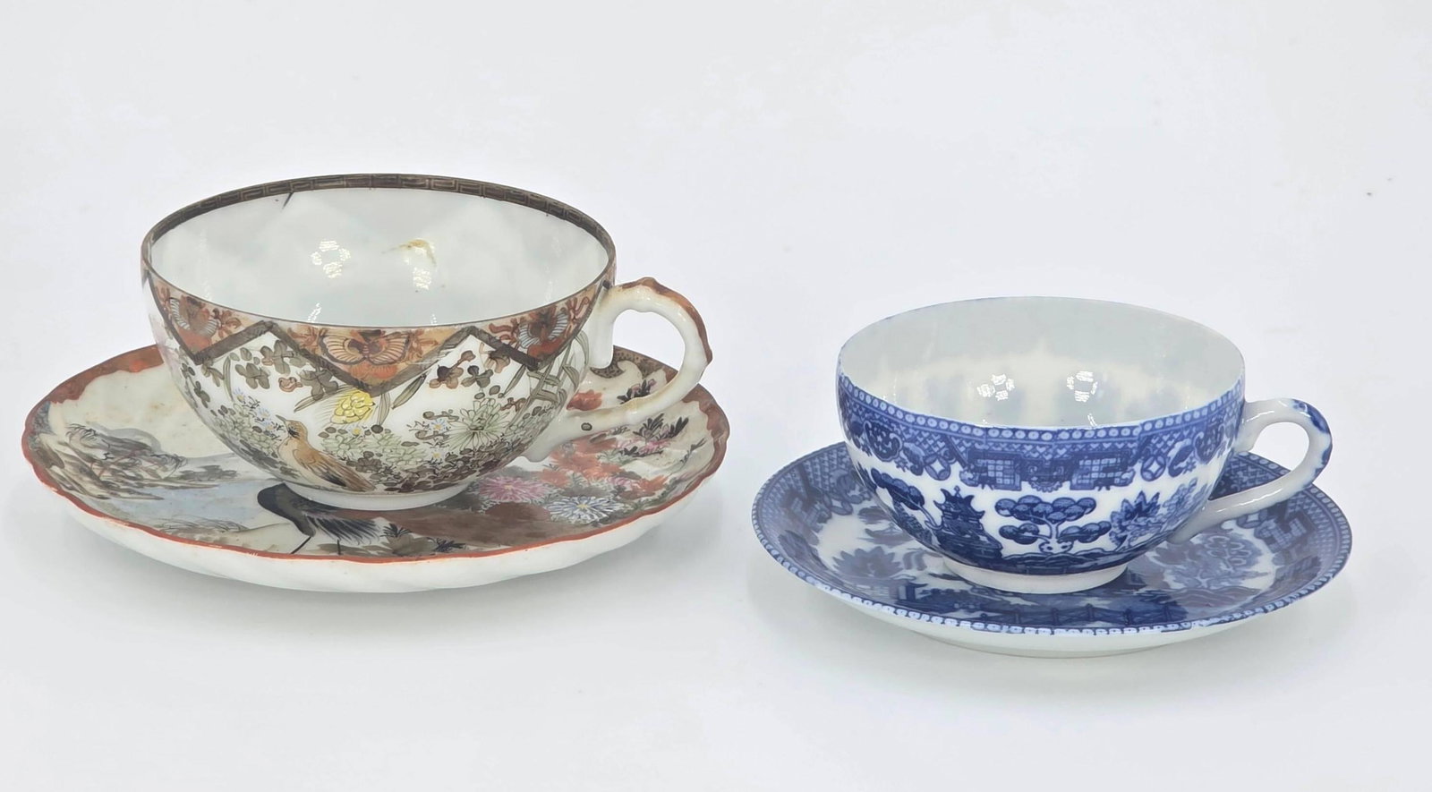 Japanese Kutani and Blue Willow Teacup and Saucer set, INV. 452, 214: With marking. 2.5 x 5.5 Inches