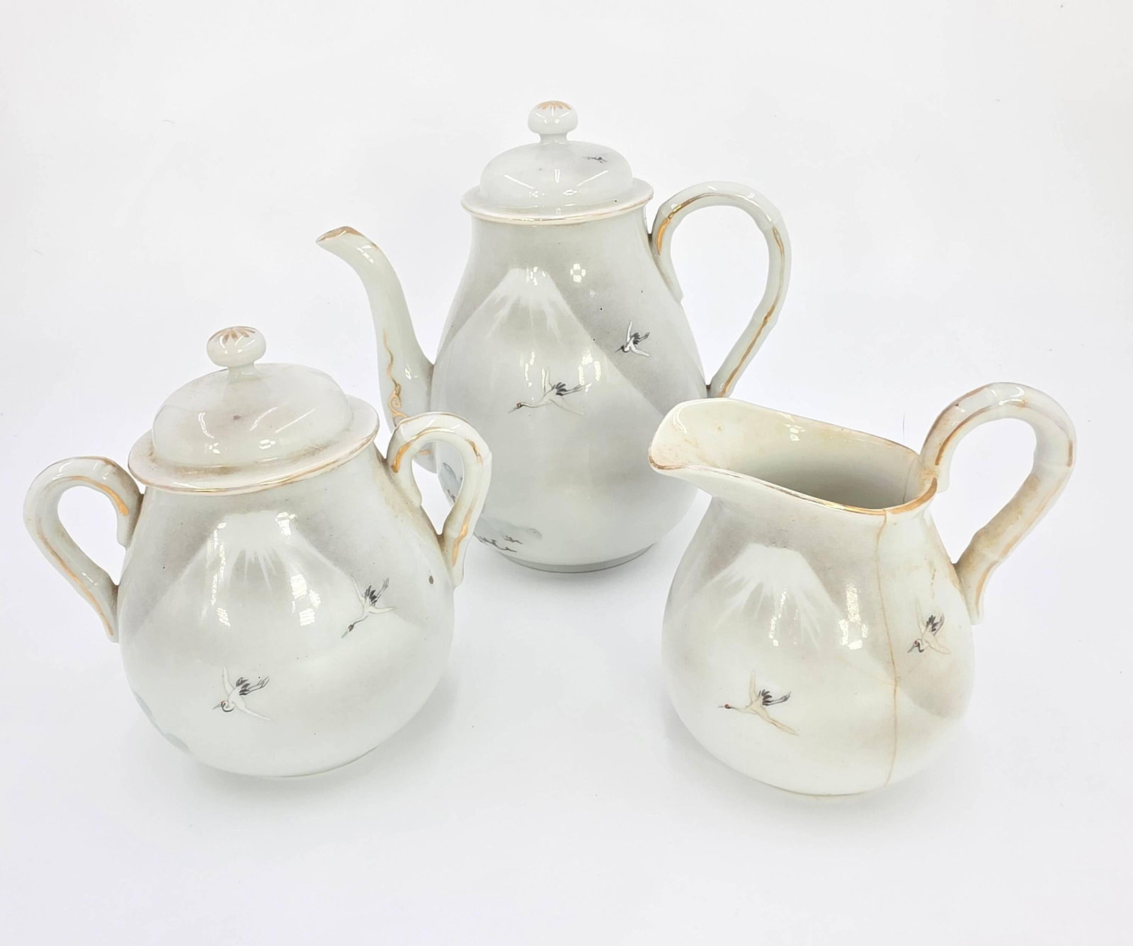 Asian Tea Set with Crane Design, INV. 136: With restoration, see photos. Pot 7 x 7 x 4.5 inches
