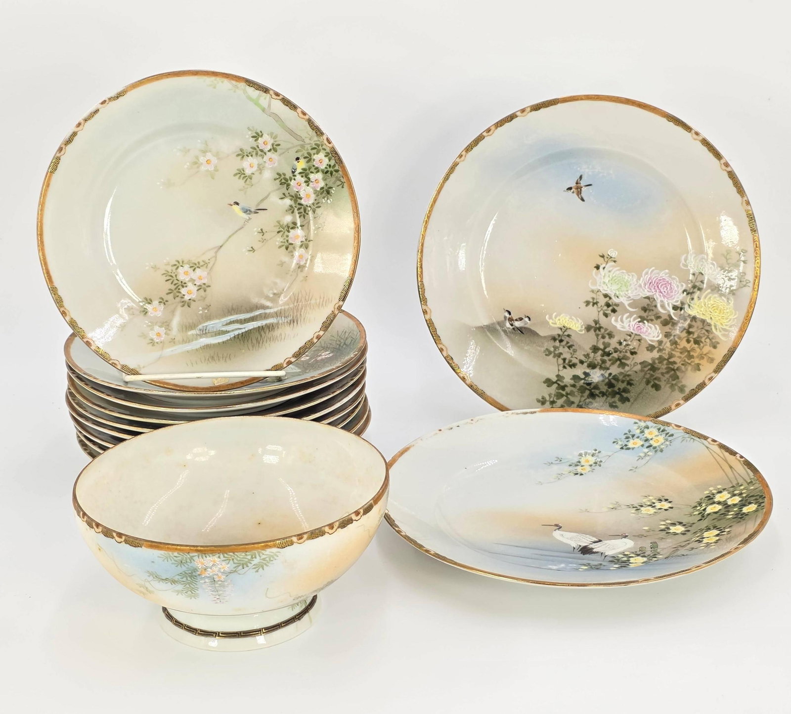 Antique Hand Painted Japanese Porcelain Plates and Bowls, INV. 135: Bird and floral motifs. With marking. Bowl approx.?3 x 6 x 6 inches