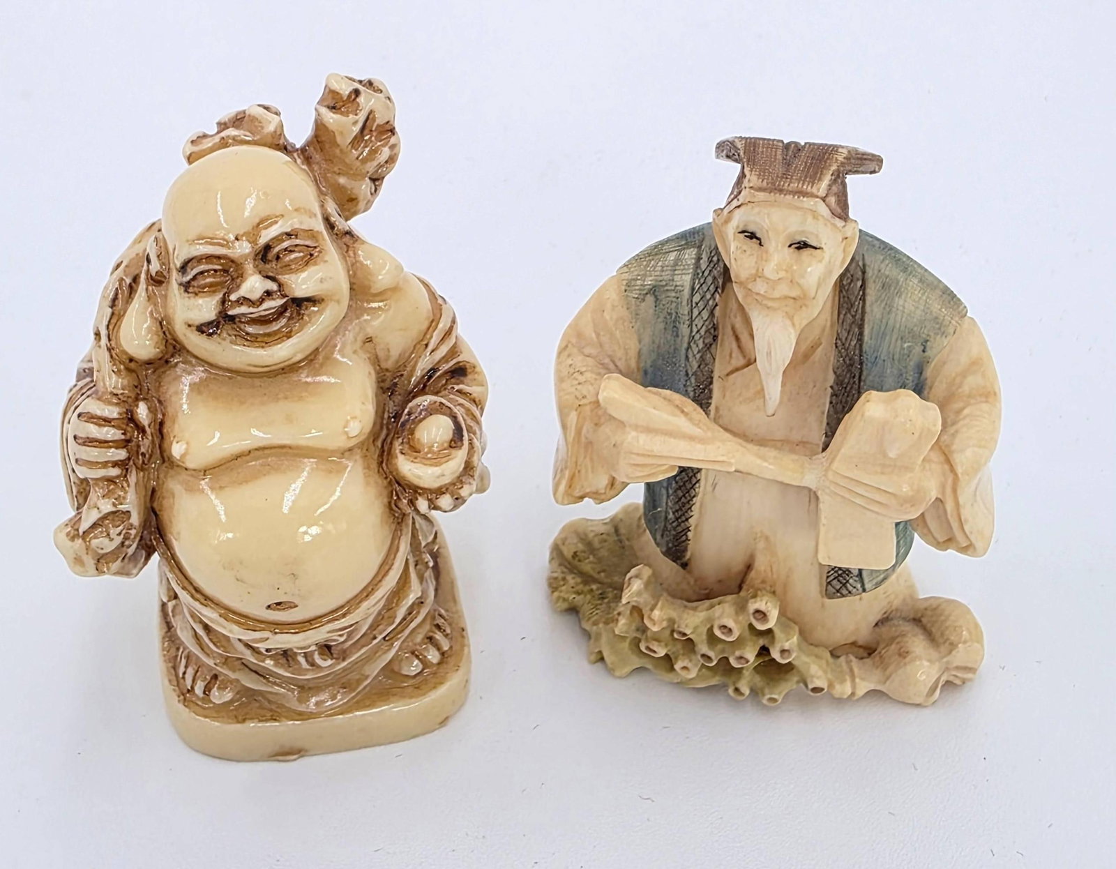 Laughing Buddha and Scholar Figures, INV. 678, 683: With marking.Each approx. 2.25 x 1.5 x 1.75 inches