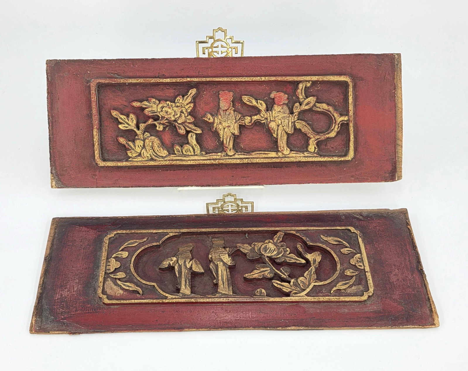 Pair of Antique Chinese Hand Carved Red Lacquered Wood Panels, INV. 27: 6.5 x 14.25 x 1 inches each