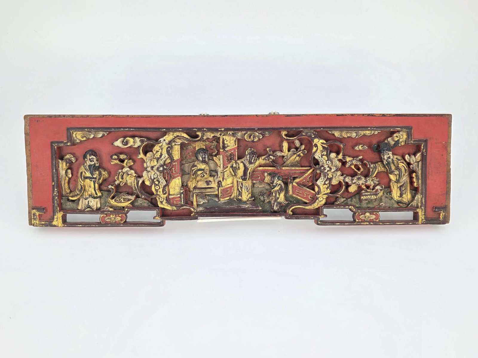 Antique Chinese Red Lacquered Wood Panel, INV. 116: 4.75 x 17.75 x 1 inches