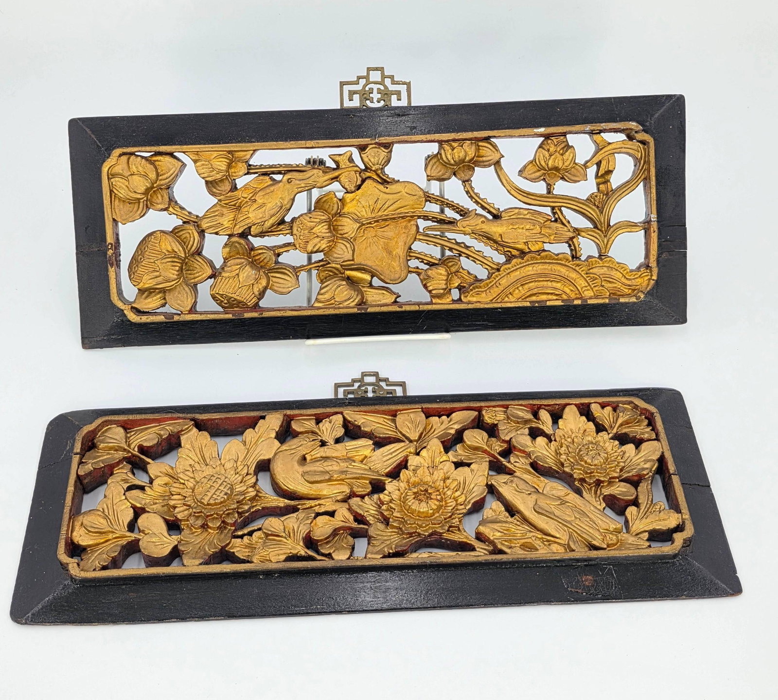 Antique Chinese Hand Carved Wood Relief Panel, Bird and Floral, INV. 25: 6.75 x 15 x 1 inches each