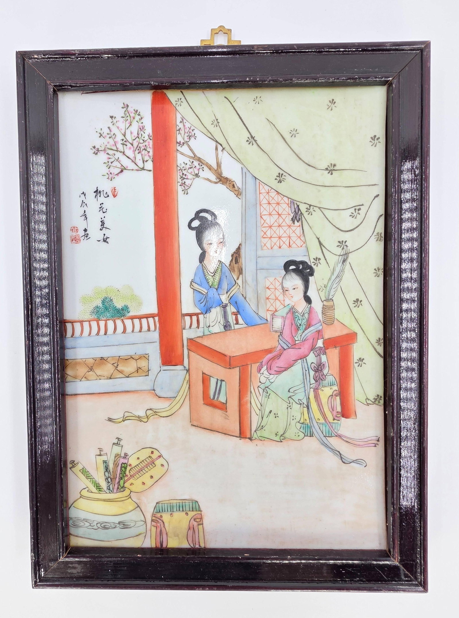 Chinese Famille Rose Figural Porcelain Plaque, INV. 115: frame 13.75 x 10.25 x 1 inches