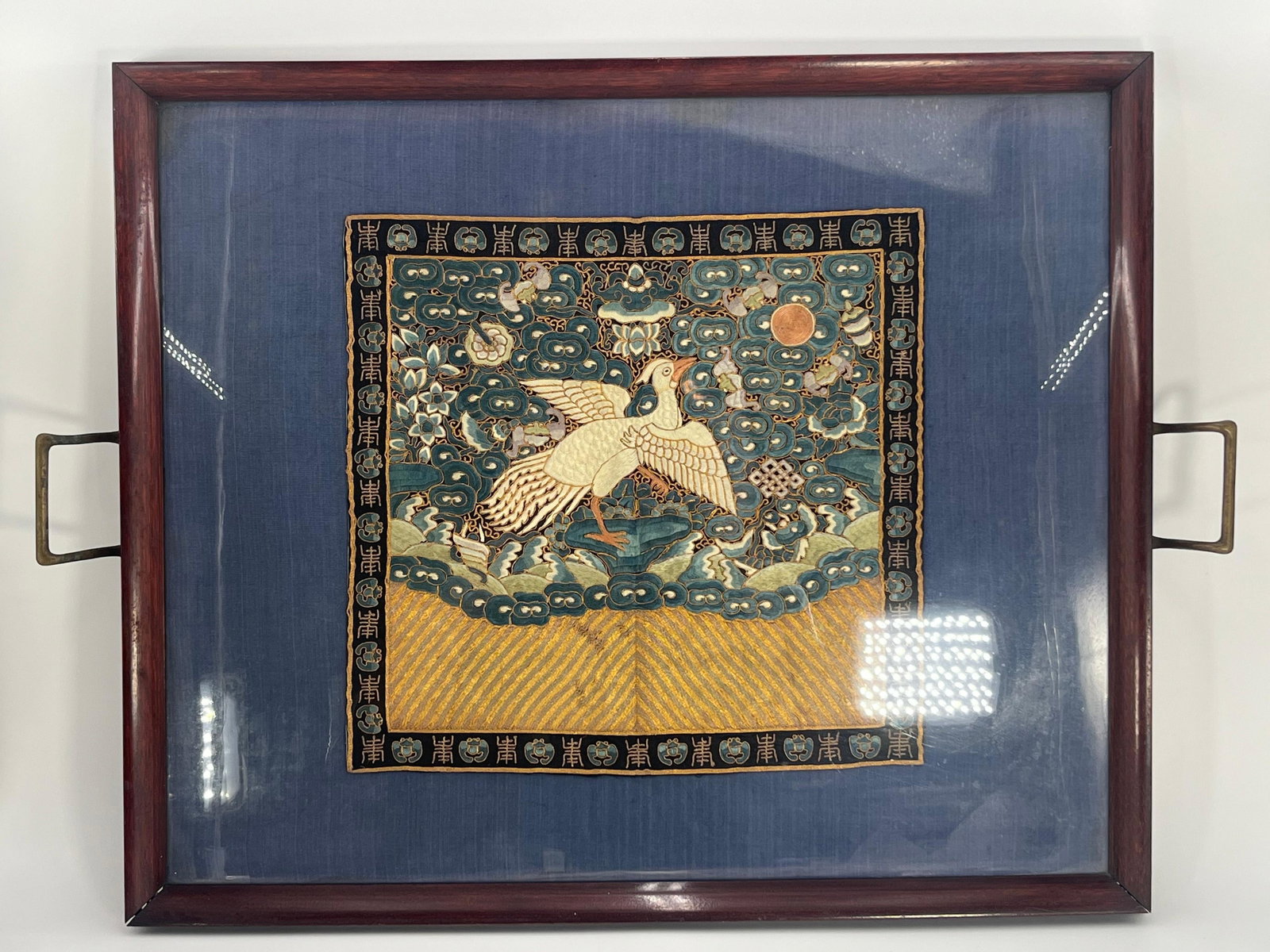 Chinese Embroidered Silk Rank Robe Badge, or Buzi, with Crane: Badge approx. 12 x 12.5 inches. Frame 18 x 21.625 x 2.25 inches.