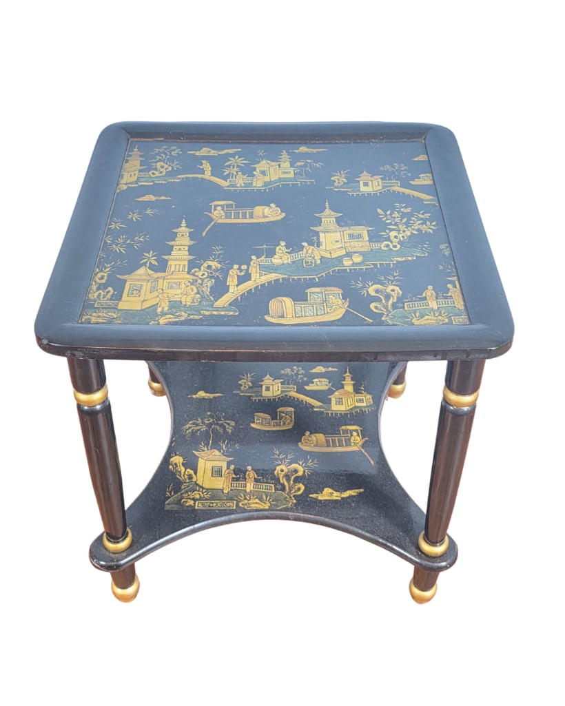 Chinoiserie Black Lacquered 2-Tier Side Table, INV. 96: Approx. 19.5 x 19.25 x 19.25 inches