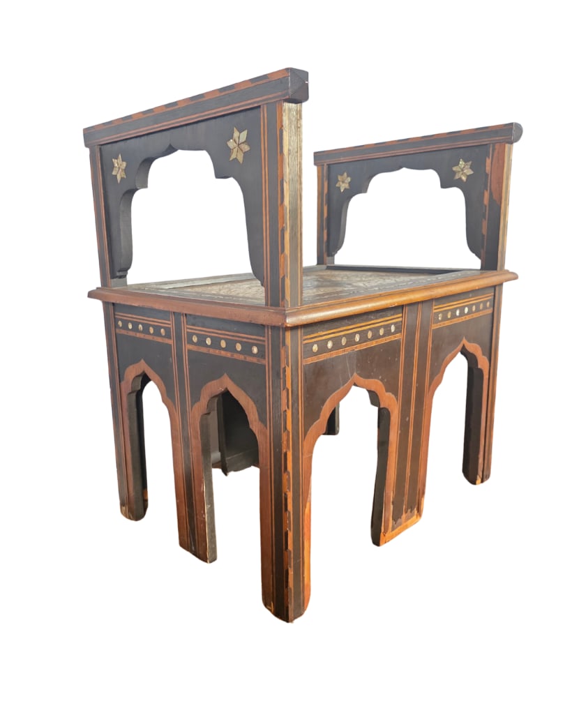 Moroccan Mother of Pearl Mosaic Inlay Chair, INV. 60: Approx. 28 x 26.75 x 19 inches