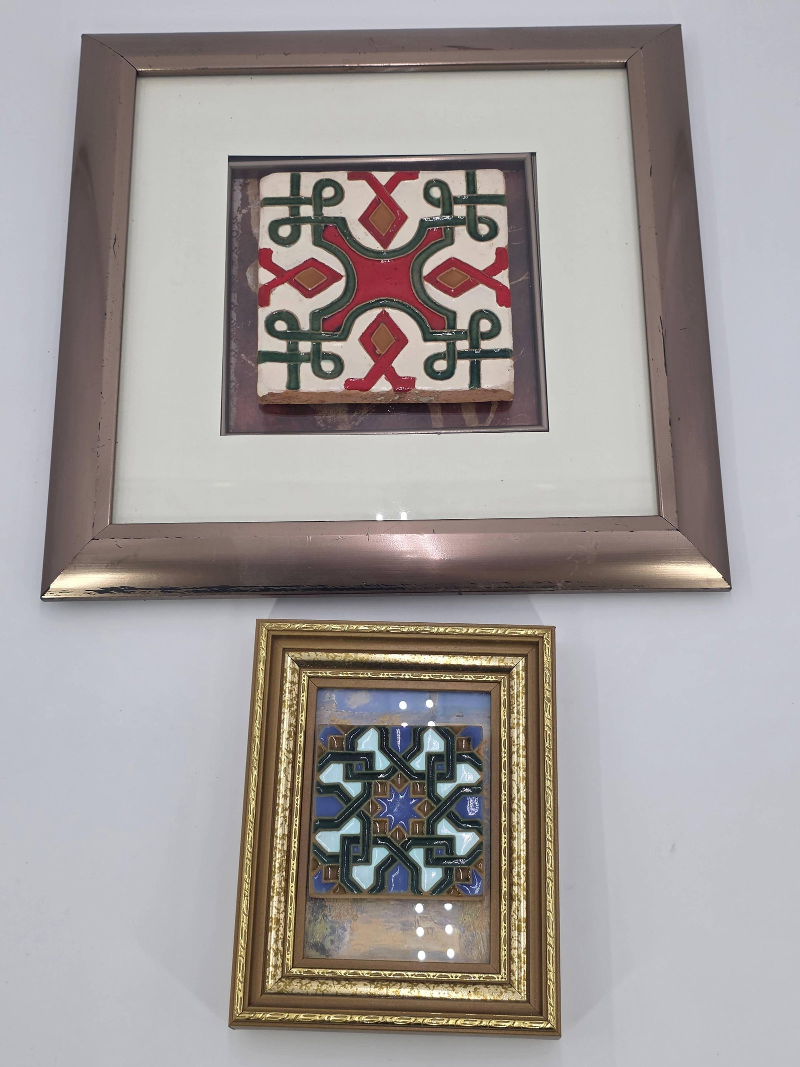 2 Spanish Tiles, Framed, INV. 43a,b: Largest 12.25 x 12.25 x 1.5 inches