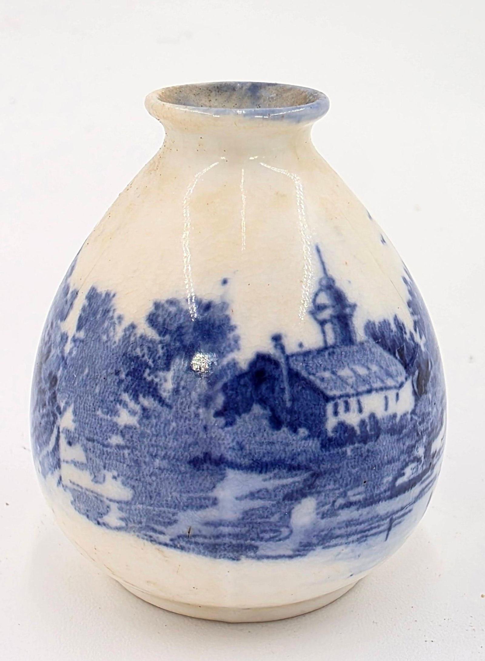 Vintage Blue and White Royal Doulton Miniature Vase, Norfolk Pattern, INV. 33: 2 x 1.75 x 1.75 inches