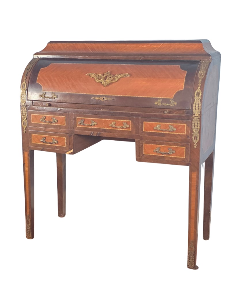 Sheraton Revival Roll Top Bureau, Wood Marquetry and Ornamental Mounts, INV. 123: Approx. 44.5 x 39.5 x 16.5 inches