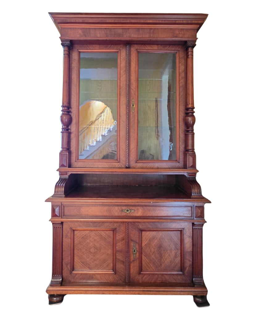 European Renaissance Revival 2 Part Bookcase / Cabinet, INV. 145: With glass shelves and interior light. Working at time of cataloging. Approx. 90.25 x 50 x 24.5 inches.