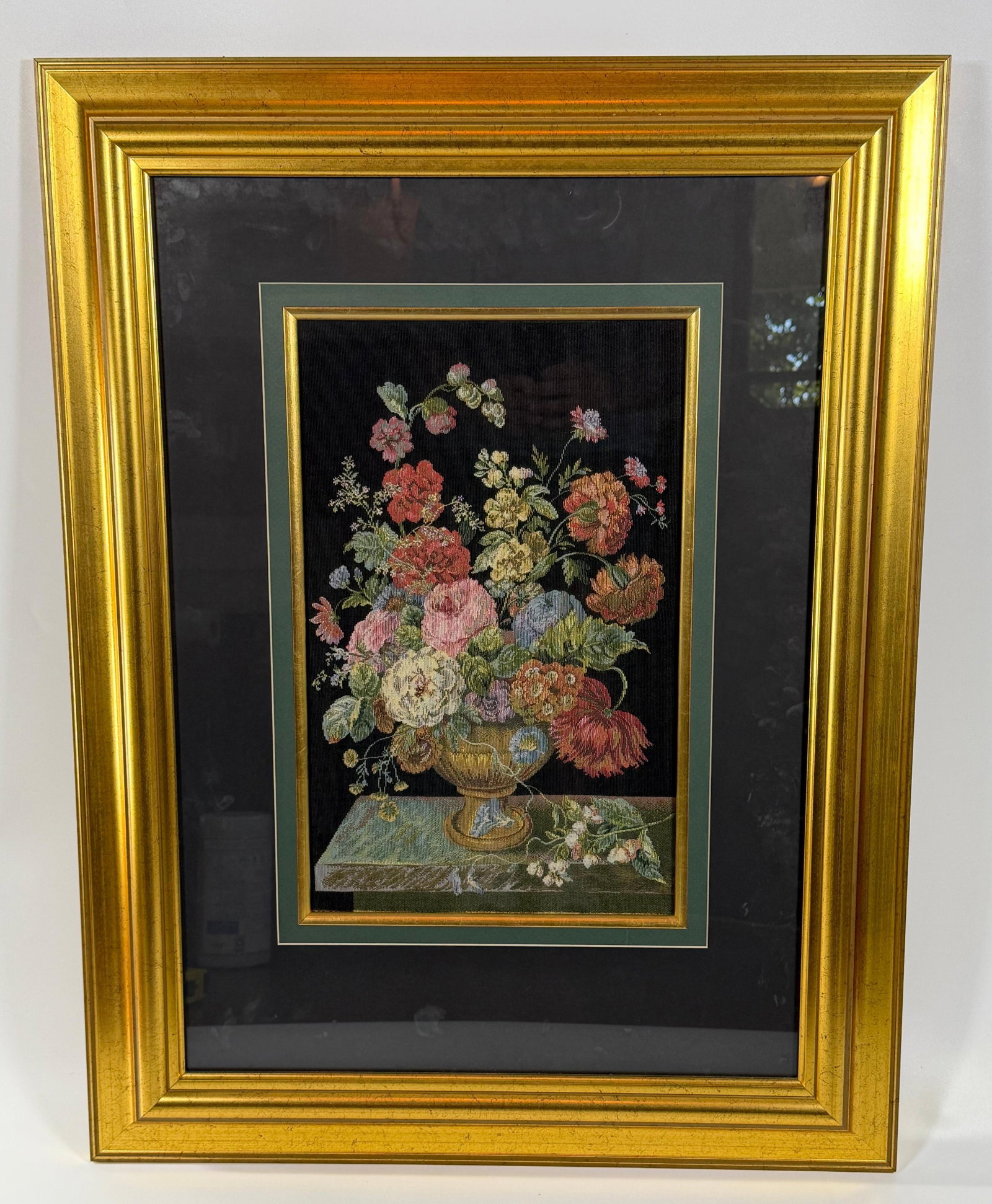 Framed Floral Still Life Tapestry, INV. 143: Frame approx. 34 x 26 x 1.25 inches