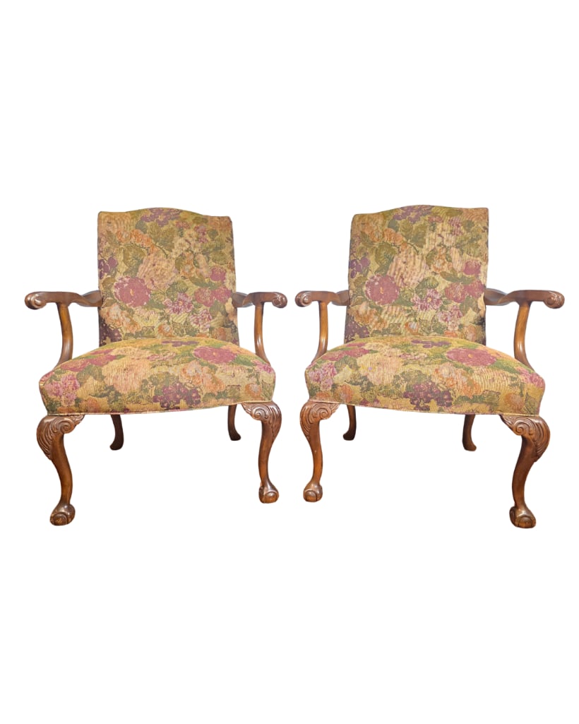 Pair of Queen Anne Arm Chairs with Claw Feet and Floral Upholstery, INV. 799: Both approx. 41 x 32.5 x 28.5 inches