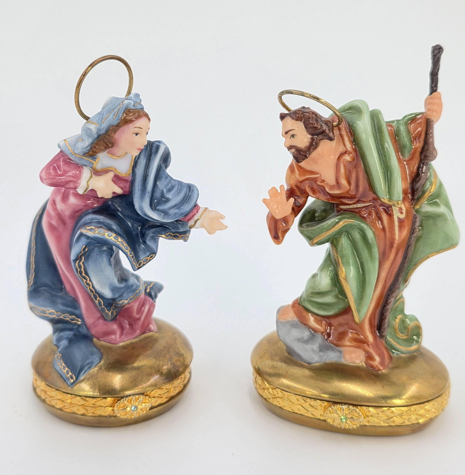 House of Faberge Porcelain Treasure Box Hand Painted Mary and Joseph Figures, INV. 88: With marking and numbered. Approx.?4.5 x 2.5 x 2.25 inches each