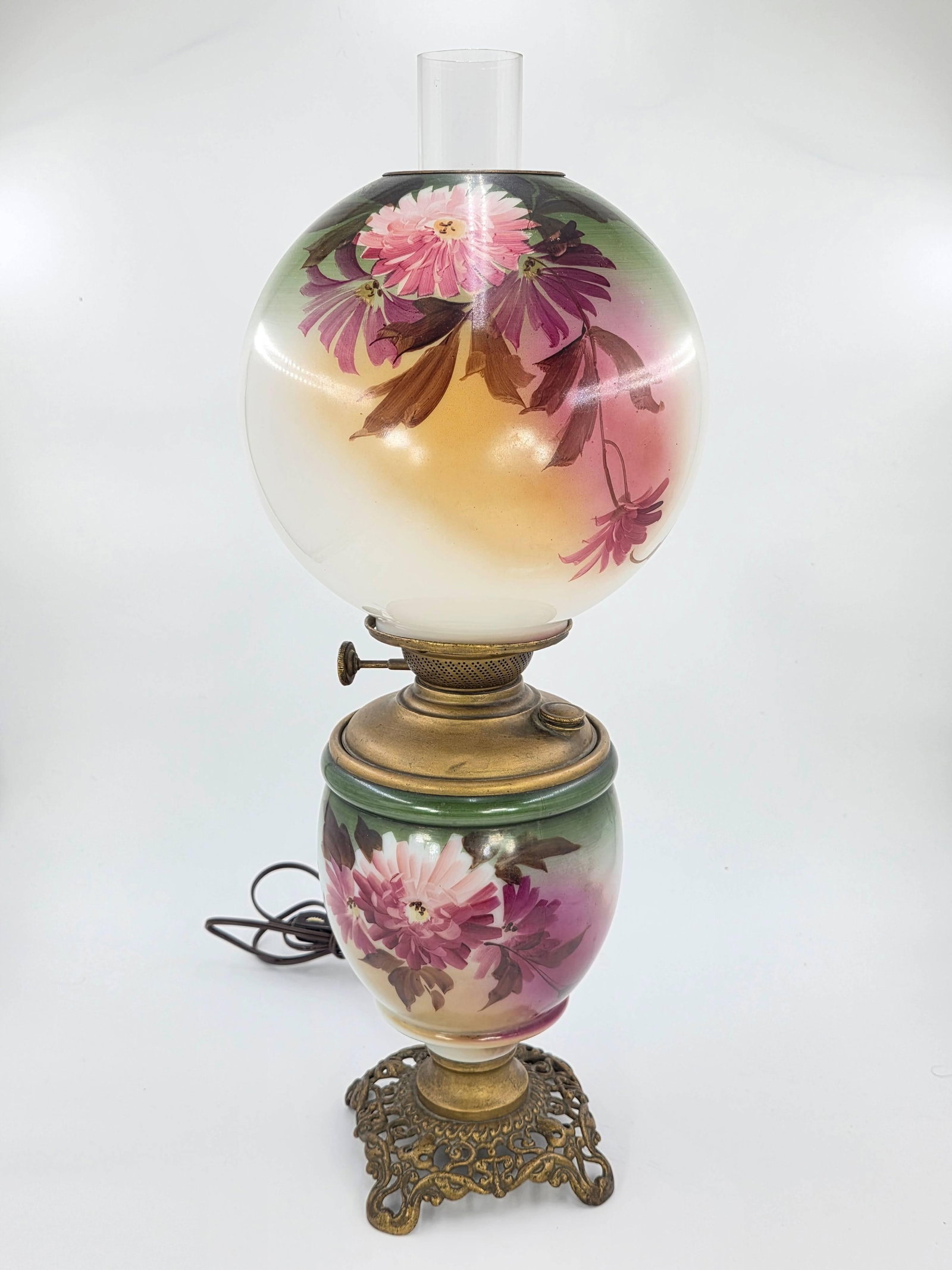 Antique Victorian Hand Painted Floral "Gone With the Wind" Lamp, INV. 167 (1 of 4)