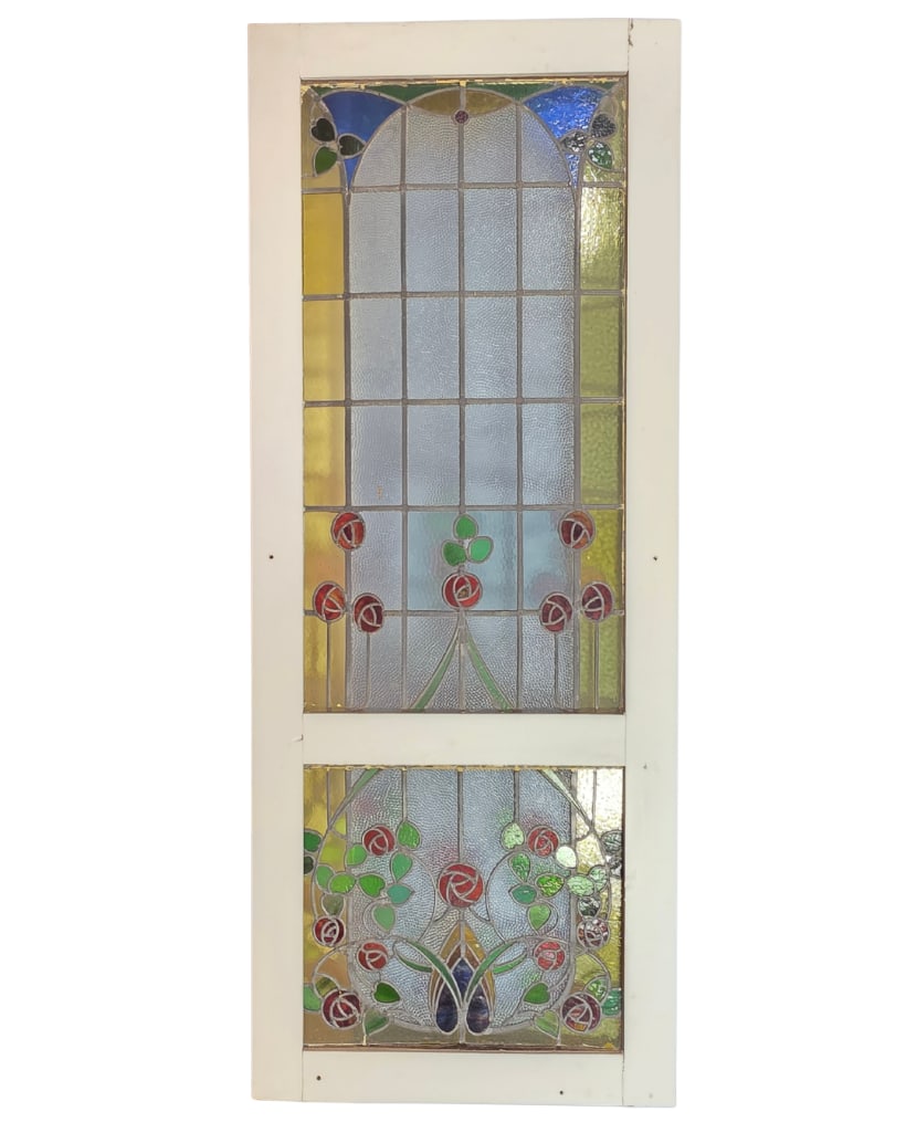 Art Nouveau Two Section Stained Glass Window with Rose Motif, INV. 829 (1 of 1)