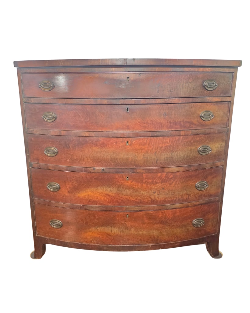 Southern Federal Bowfront Chest, c. 1790-1820, INV. 221: Rare and exceptional. Approx. 48 x 47.5 x 25.5 inches