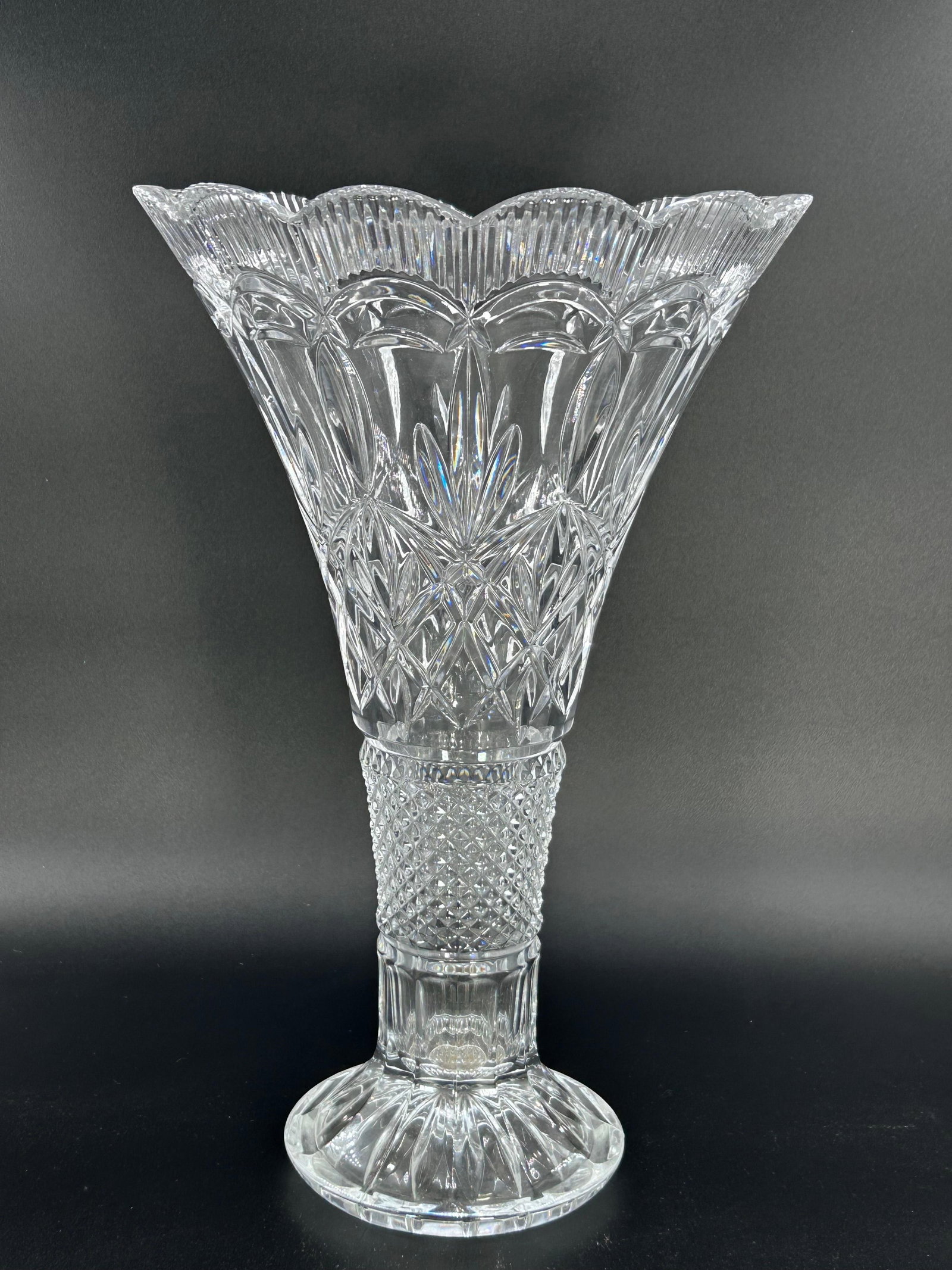 Vintage Shannon by Godinger Lead Crystal 14" Flared Vase, INV. 730: Approx. 14 x 8.875 x 8.875 inches.