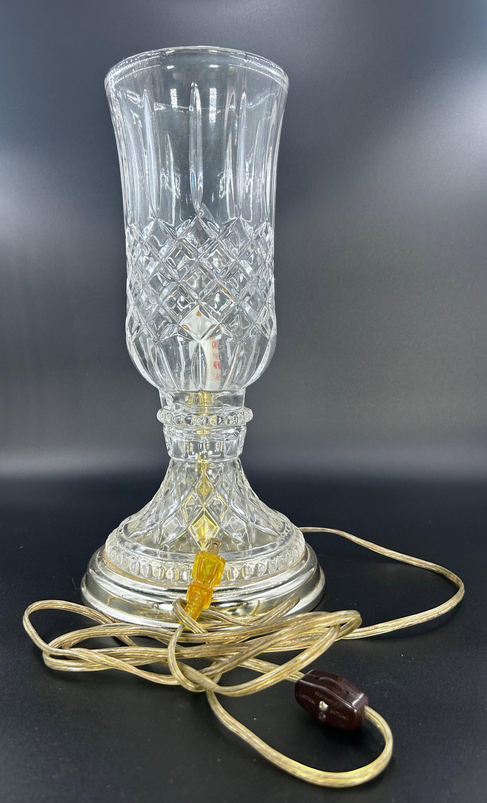 Vintage Crystal Hurricane Lamp, INV. 510: Approx. 14.125 x 7 x 7 inches