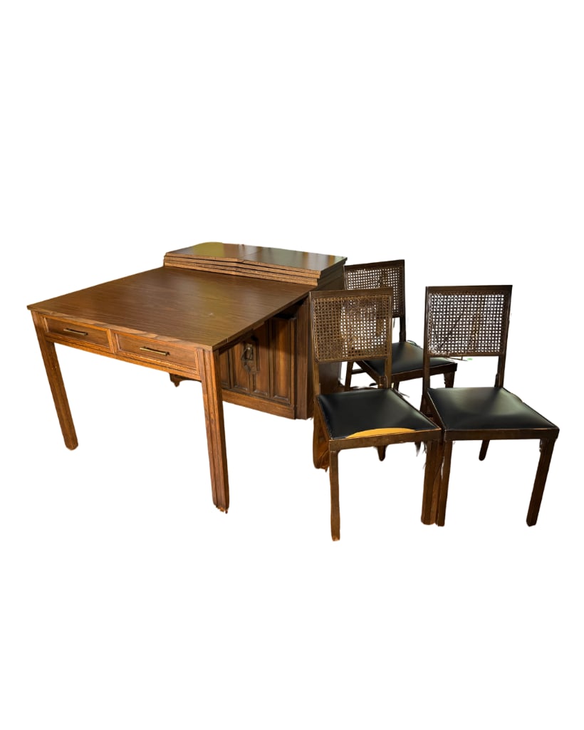 Expandomatic MCM Walnut Dining Table Cabinet with 6 Folding Chairs, INV. 212: With 4 additional table leaves, each 15 inches. Table as shown in photos 30 x 51 x 39.75 inches.