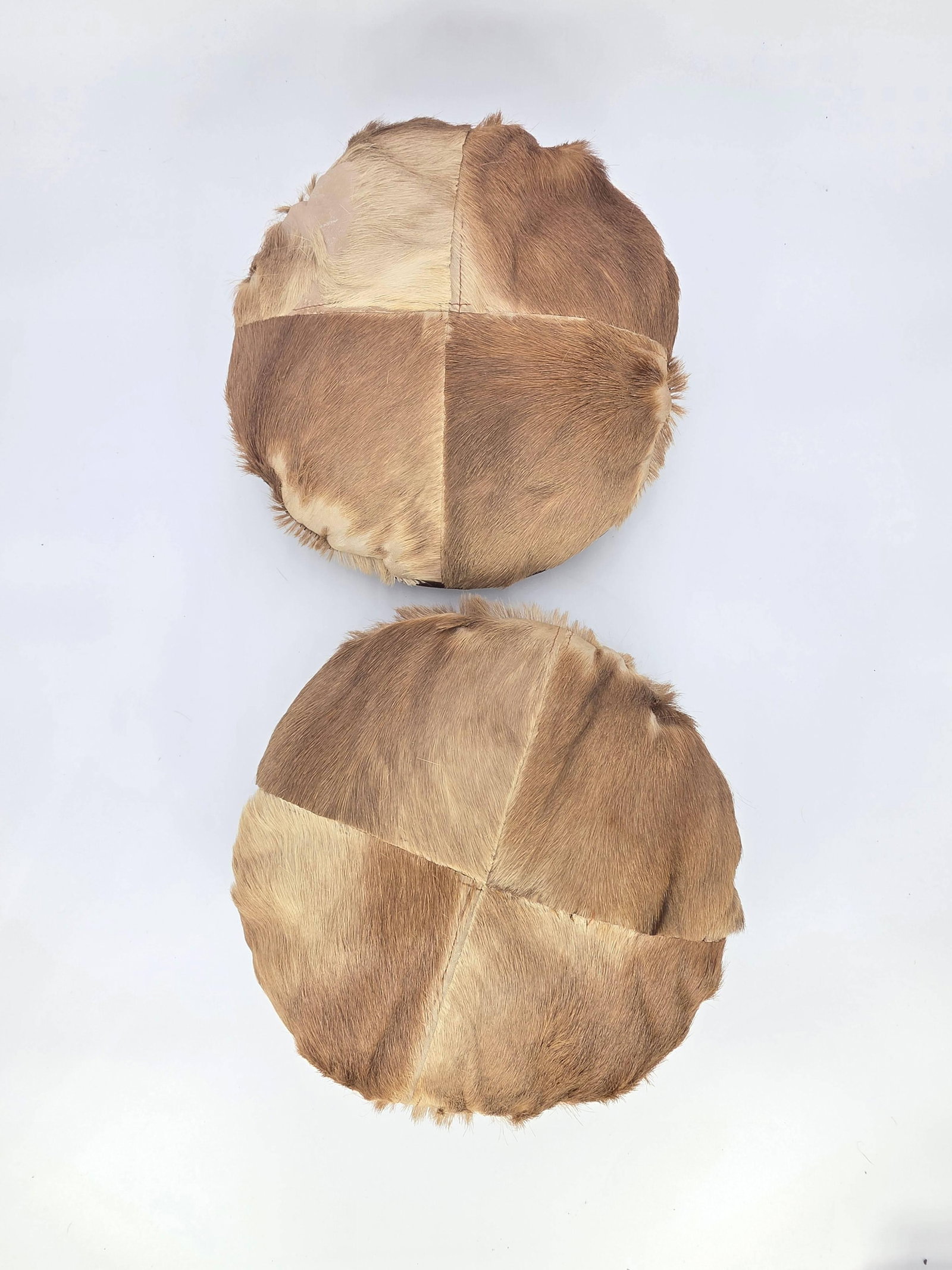 Pair of Round African Patchwork Animal Fur Pillows, INV. 854: 3.5 x 10 x 10 inches each