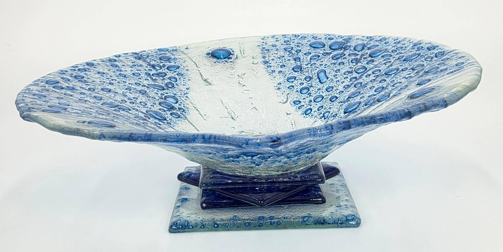 Blue Water-Drop Footed Pedestal Bowl, INV. 468: 4 x 14.25 x 14.25 inches