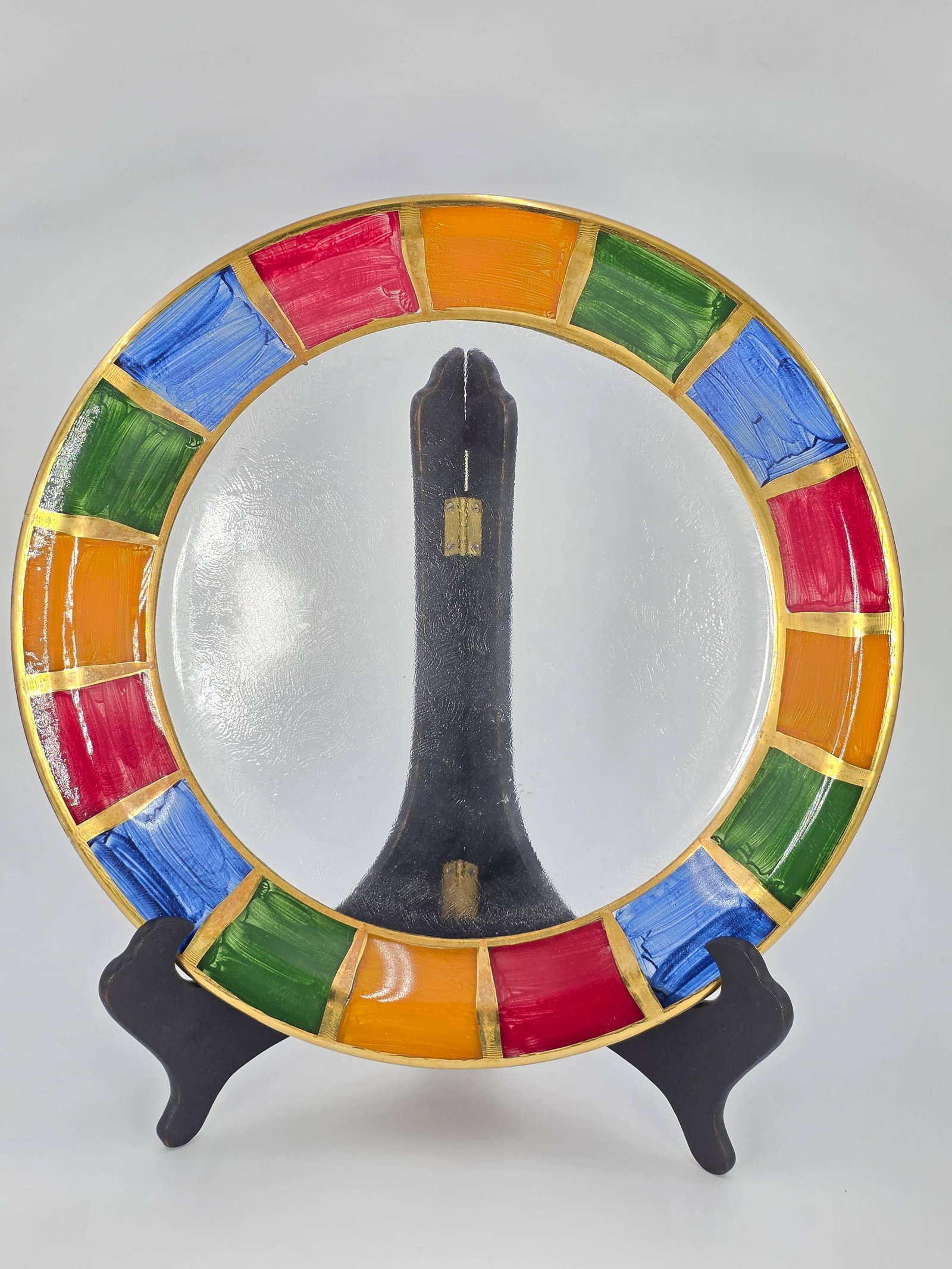 Hand Painted Colorful Glass Plate, INV. 665: diameter 14.5 inches