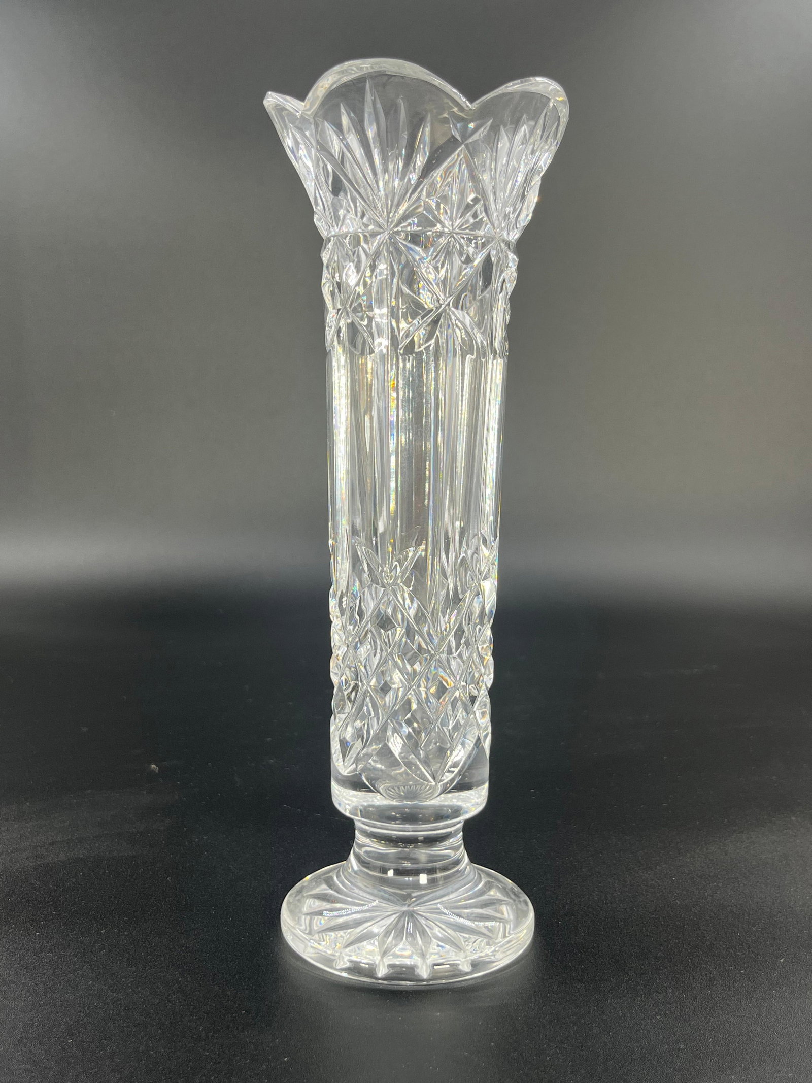 Waterford Crystal Balmoral Bud Vase, INV. 738: Approx. 8.875 x 3 x 3 inches.