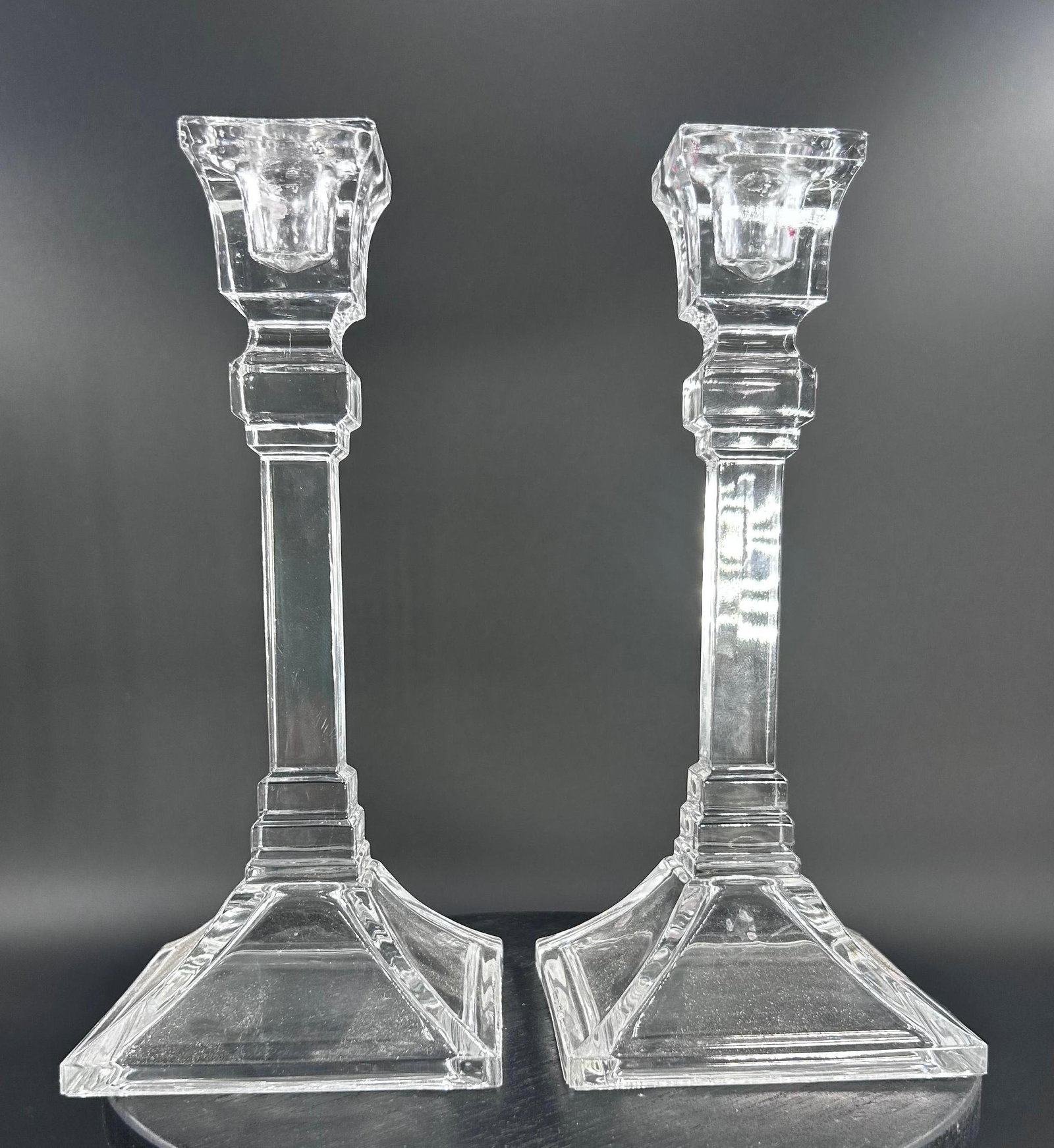 Pair of Candlestick Holders, possibly by Marquis Waterford, INV. 553: Each approx. 7.875 x 3.5 x 3.5 inches