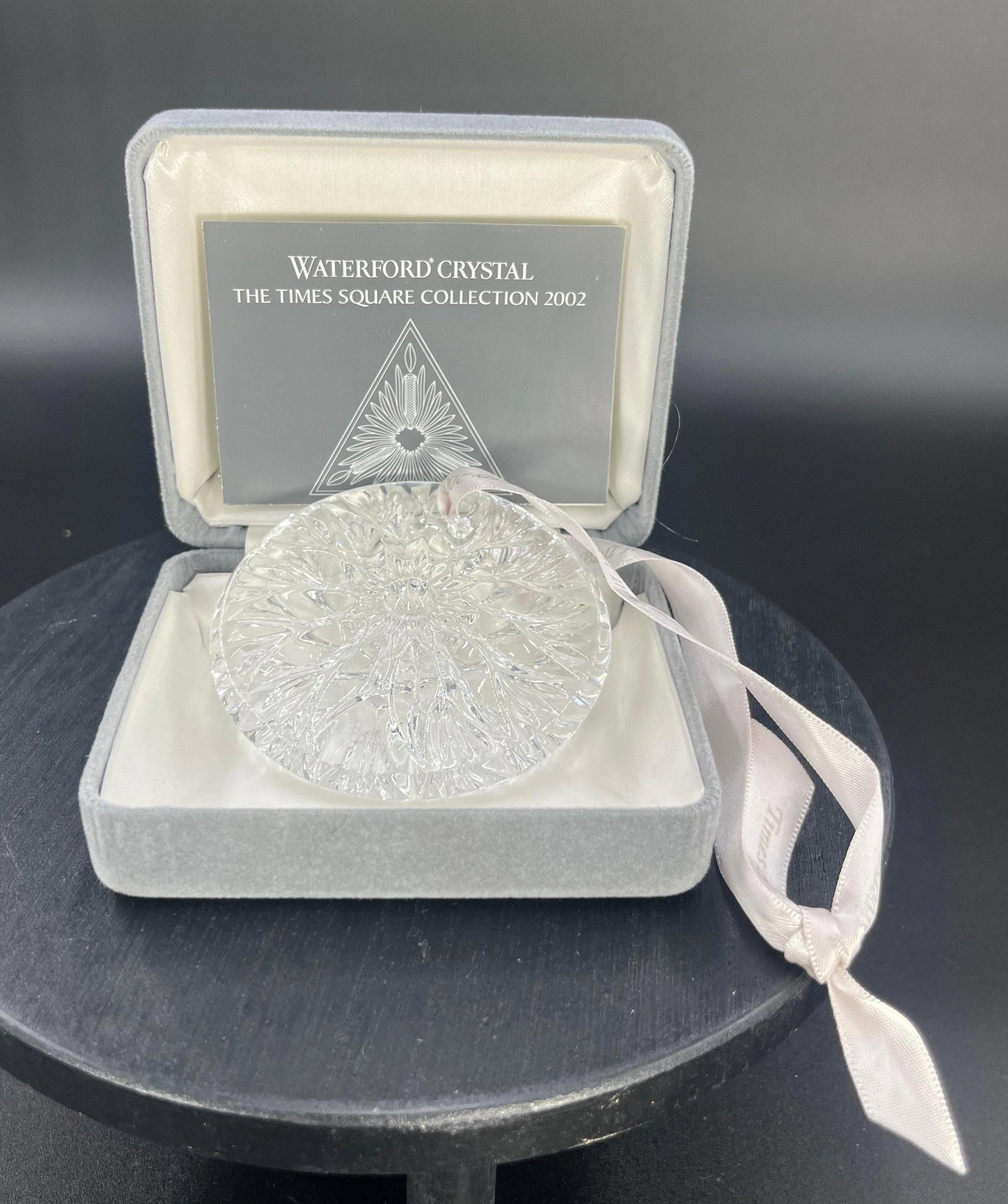 Waterford Crystal The Times Square Collection 2002 Ornament in Original Box, INV. 523: With marking. Approx. 3.25 x 3.25 x 0.5 inches