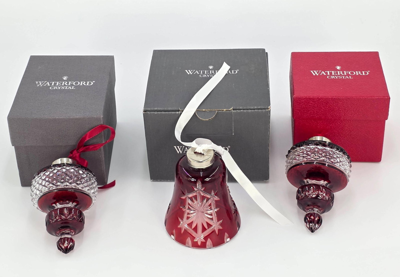 Three Waterford Crystal Ruby Red Ornaments, in Original Boxes, INV. 531, 533, 534: 3.5 x 4.75 x 5 inches