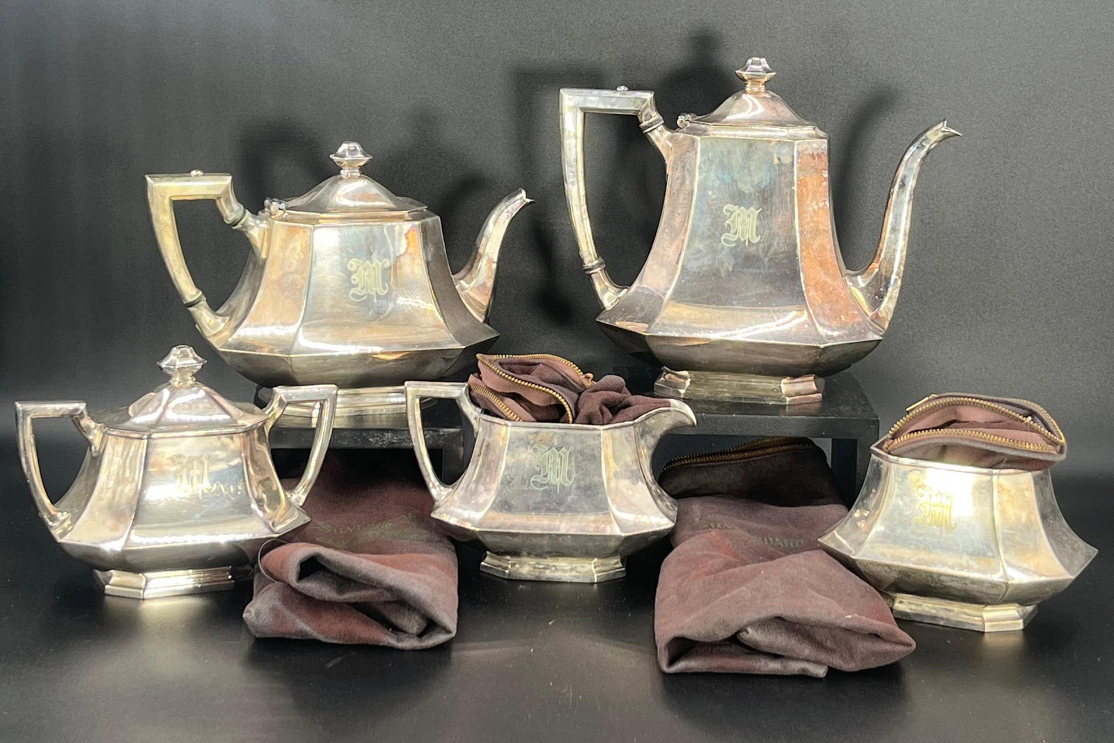 Antique Wallace Silversmiths Art Deco Octagonal Silver Plated Tea Set, INV. 736: With marking and monogram. Largest item approx. 8.25 x 9.5 x 5 inches