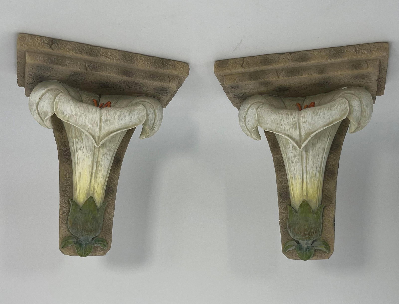 Pair of Calla Lily Wall Sconces / Shelves: Each approx. 9 x 7.75 x 4.5 inches
