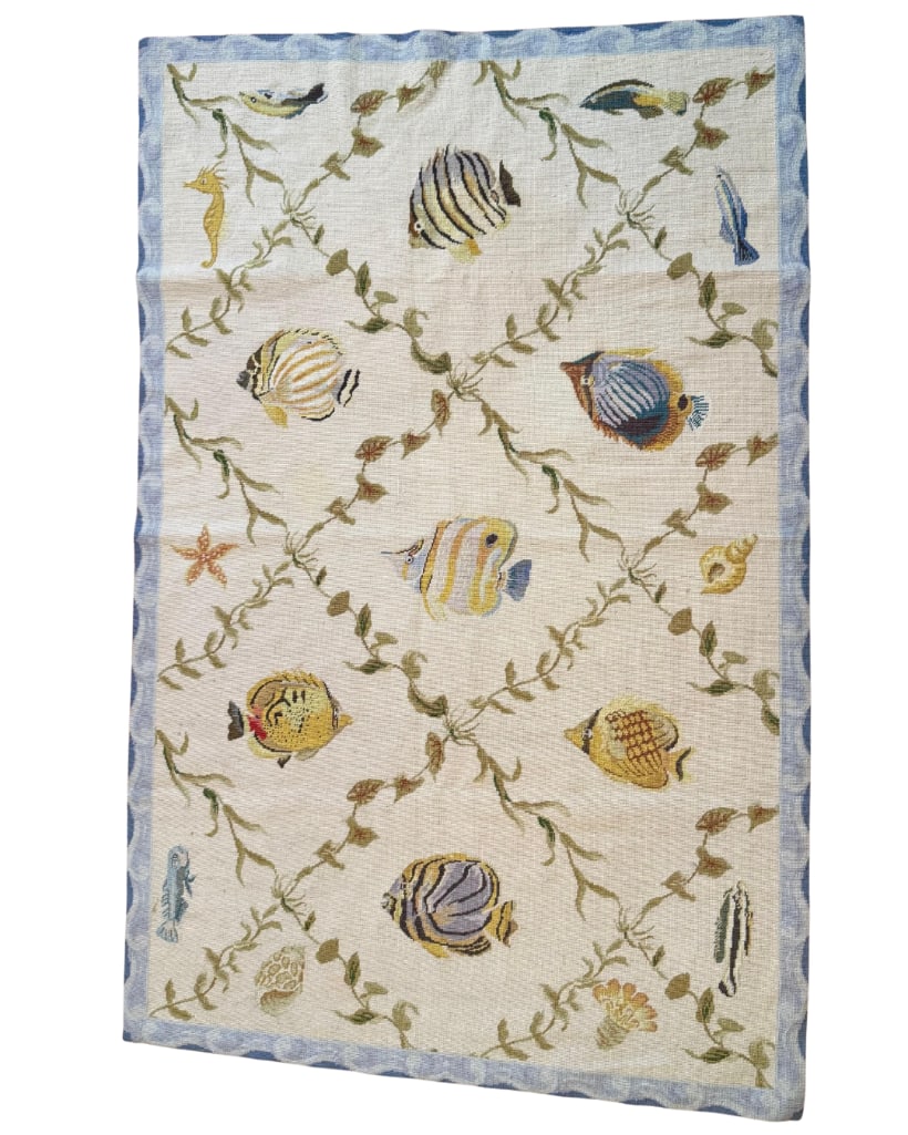 Tropical Fish Needlepoint Rug, INV. 384: Approx. 71.5 x 46.75 inches