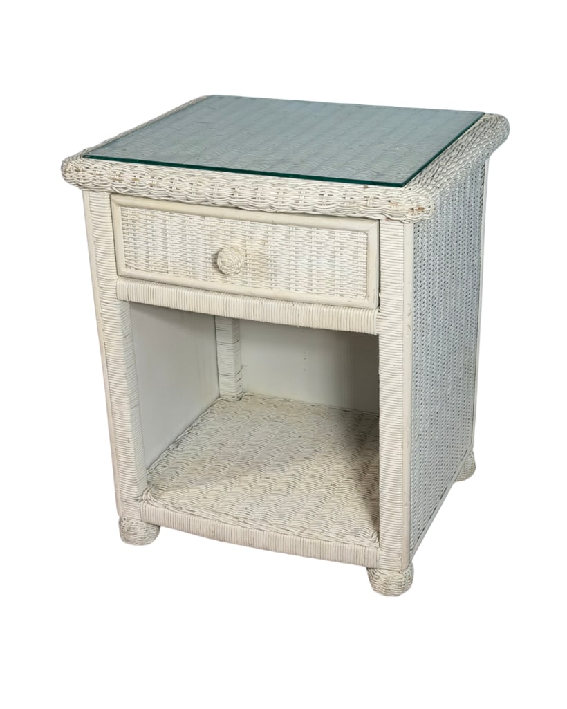 Wicker Nightstand, 1-Drawer, Glass Top, INV. 1: Approx. 25 x 21.5 x 19 inches