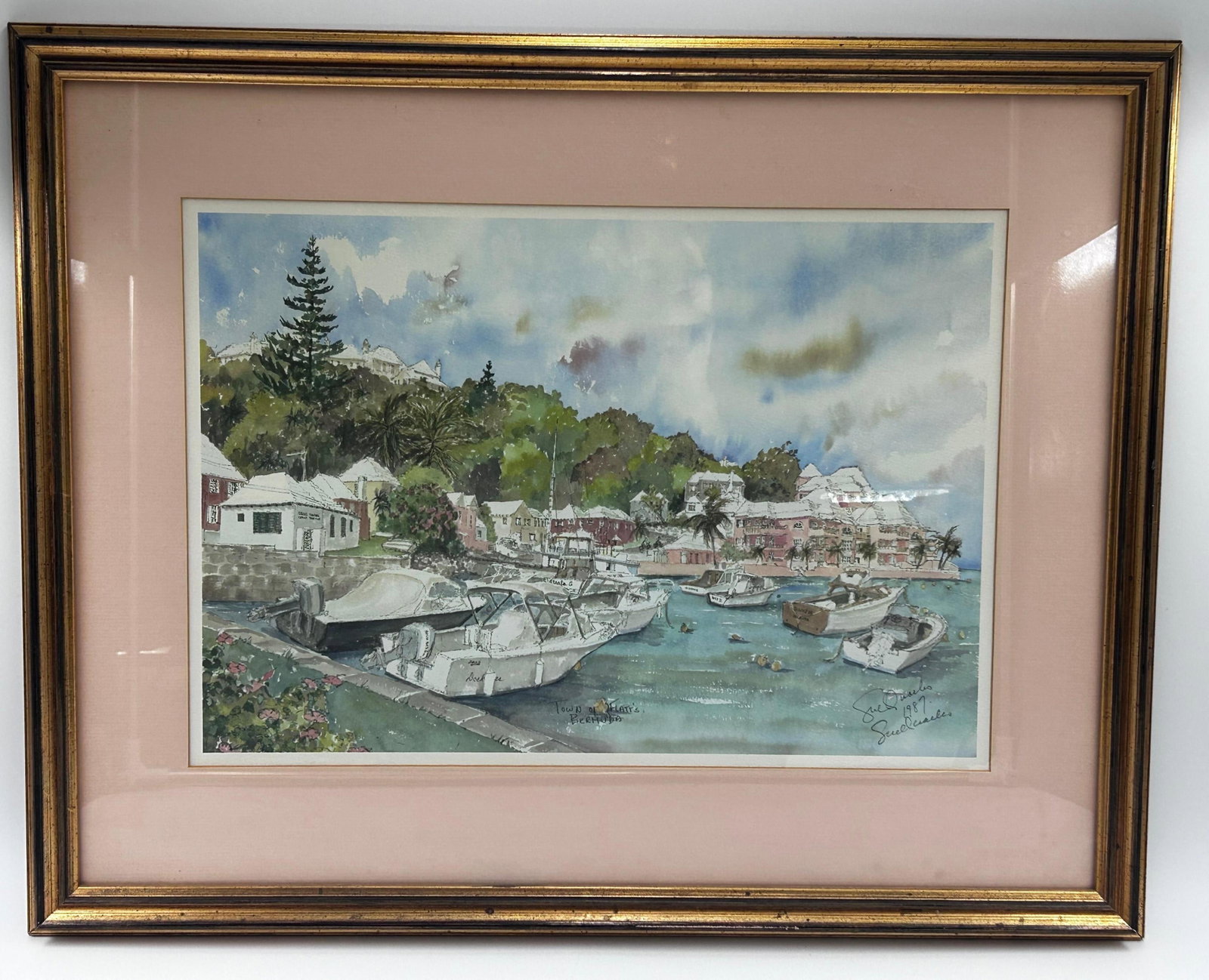 Sue Quarles, "Town of Flatt's Bermuda", Signed Watercolor: Titled to lower center. Signed twice to lower right. Titled to lower right. Frame approx. 18.5 x 23.25 x 0.875 inches.