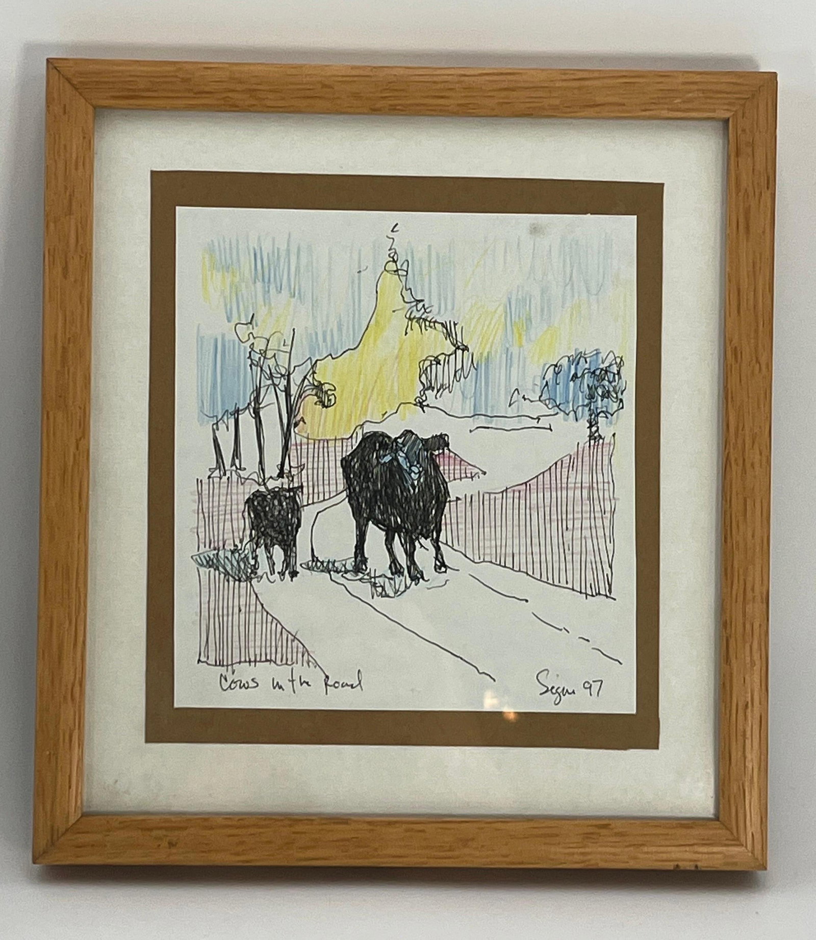 "Cows in the Road", Mixed Media on Paper: Titled to lower left. Signed and dated to lower right. Frame approx. 10.5 x 9.5 x 1 inches.