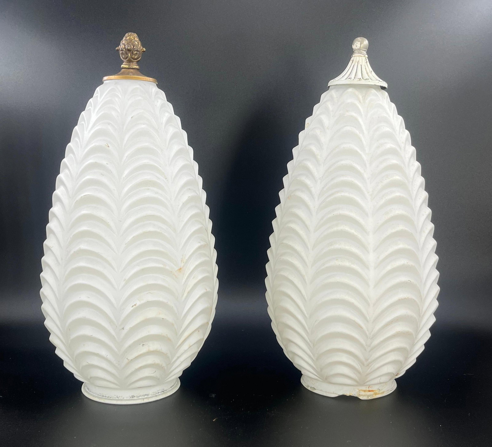 Pair of Vintage Mid-Century Frosted and Draped Glass Teardrop Lamp Shades, INV. 689: .